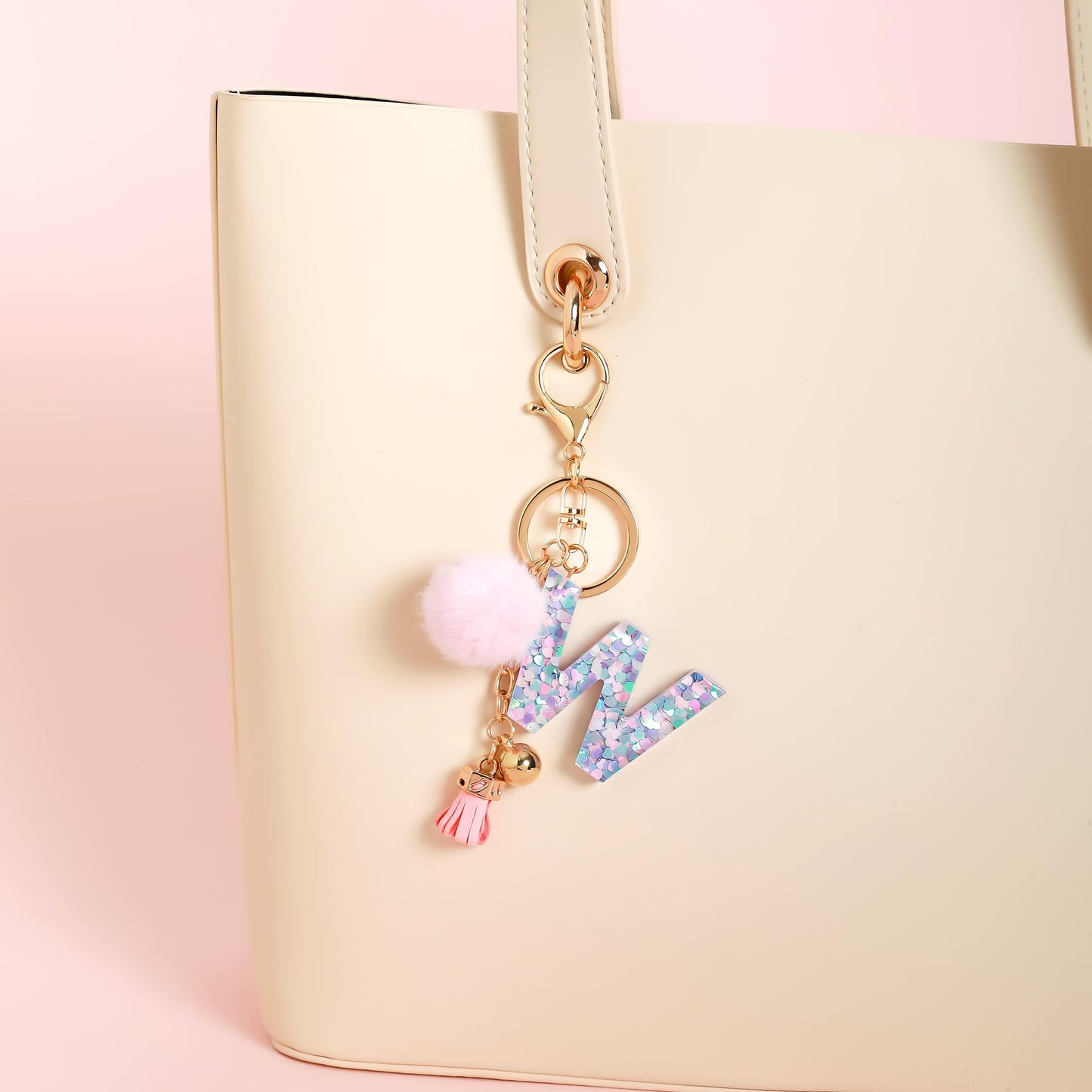 Resin Alphabet Initial Letter Keychain Keyring for Women Purse Handbags With Fur Ball Pom