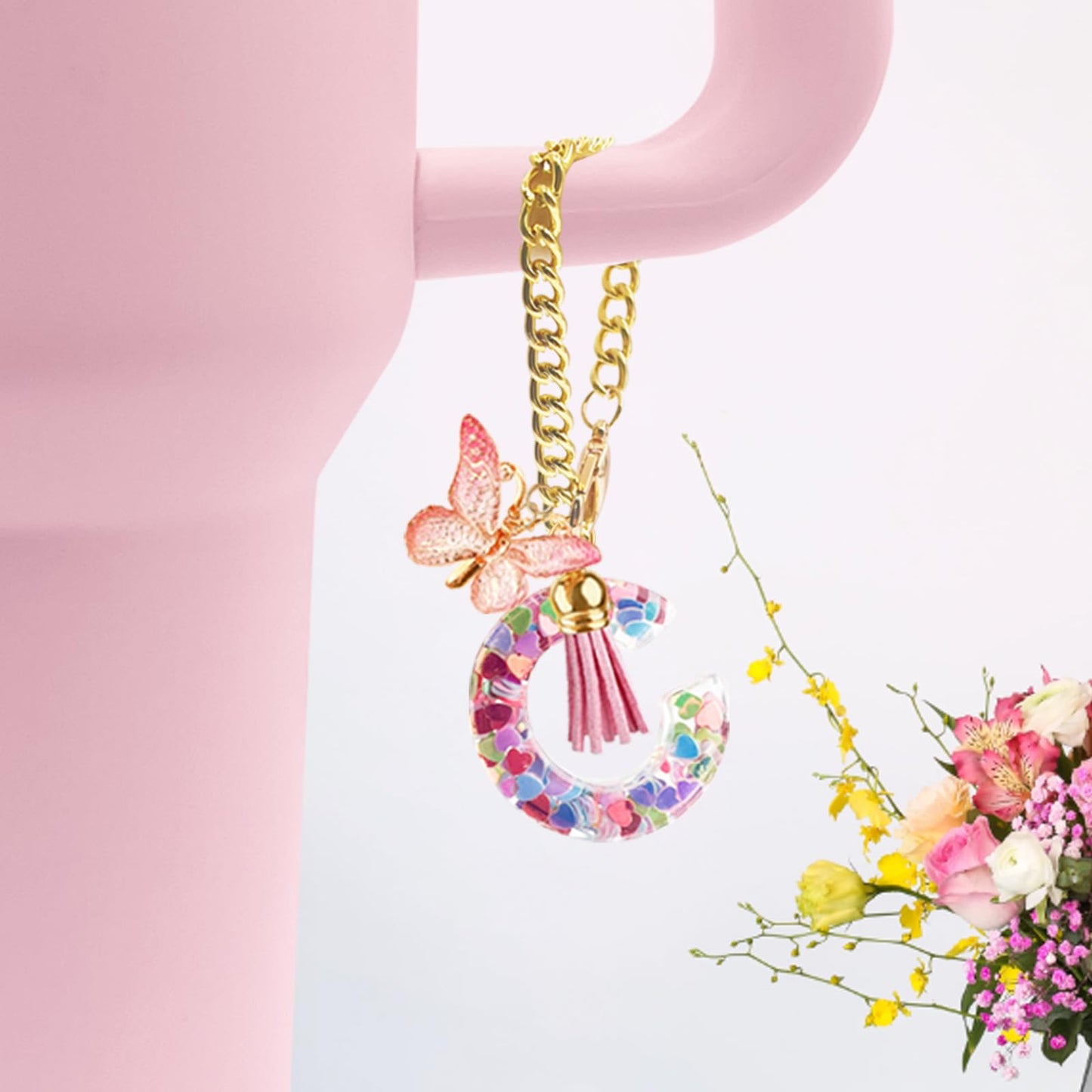 Letter Charm Accessories for Stanley Cup with Handle, Cute Initial Letter A Keychain Handle Charm with Butterfly for Stanley Tumbler for Women Girls