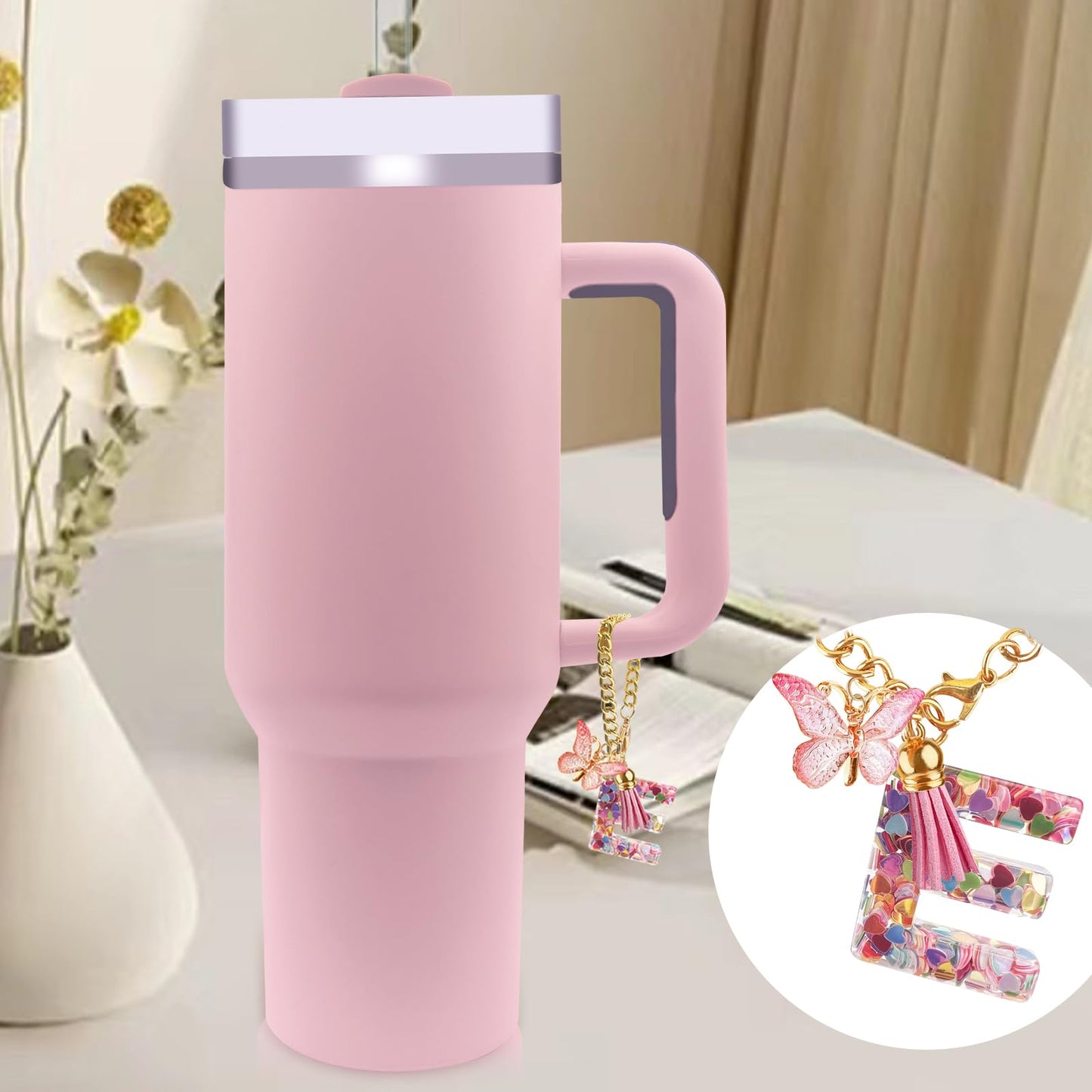 Letter Charm Accessories for Stanley Cup with Handle, Cute Initial Letter A Keychain Handle Charm with Butterfly for Stanley Tumbler for Women Girls
