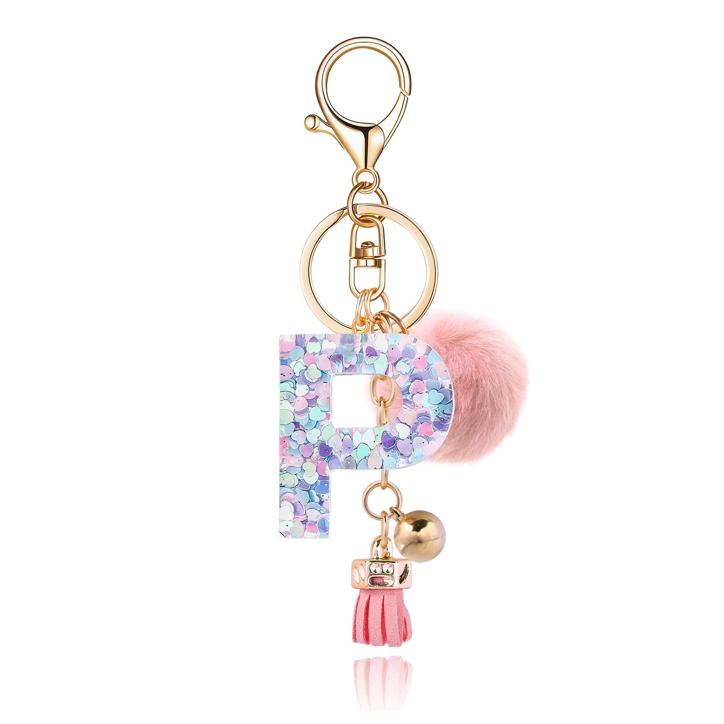 Resin Alphabet Initial Letter Keychain Keyring for Women Purse Handbags With Fur Ball Pom