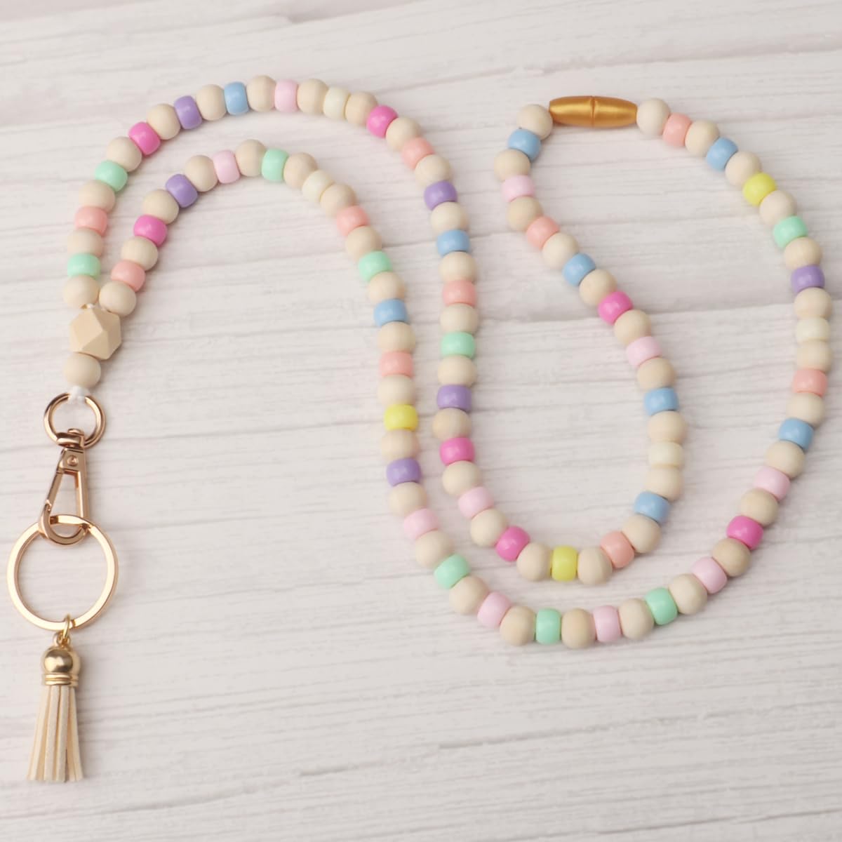 Teacher Lanyard with ID Holder, Fashion Wood Beaded Lanyard for Keys, Super Cute Boho Breakaway Lanyard for Women