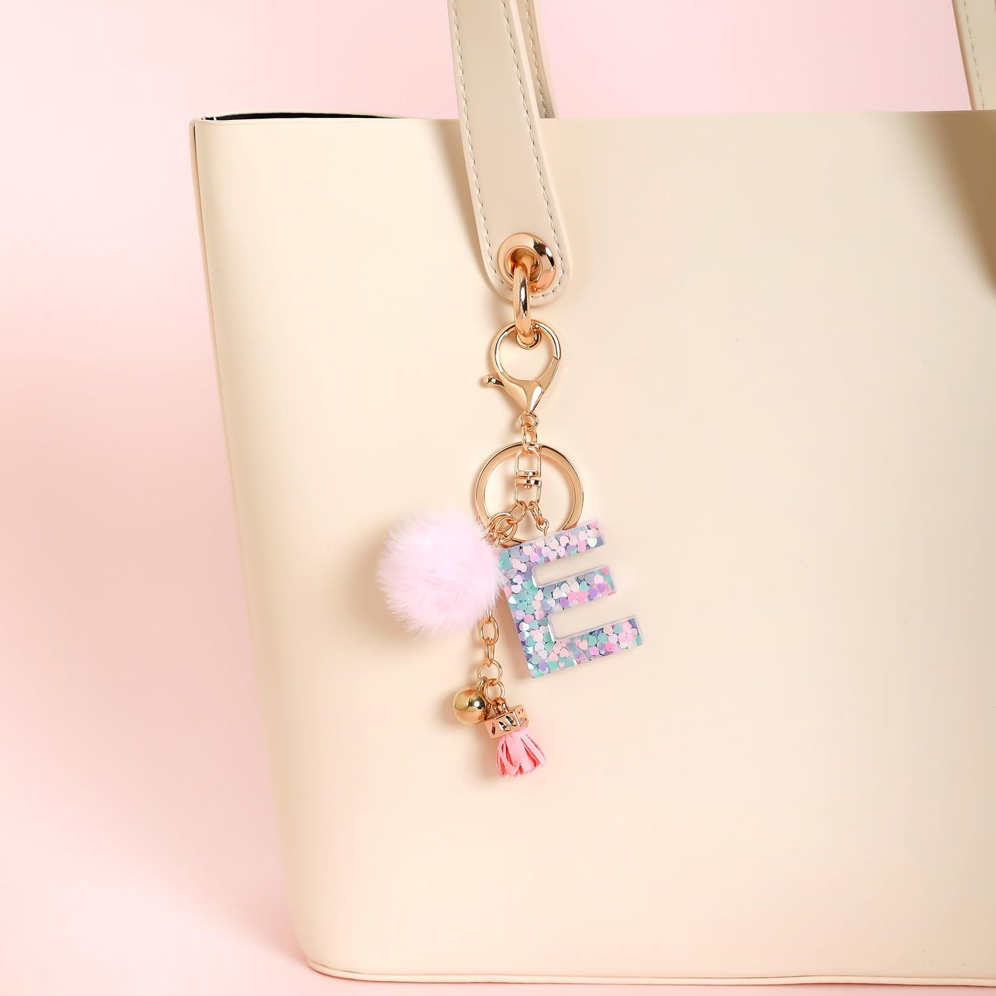 Resin Alphabet Initial Letter Keychain Keyring for Women Purse Handbags With Fur Ball Pom