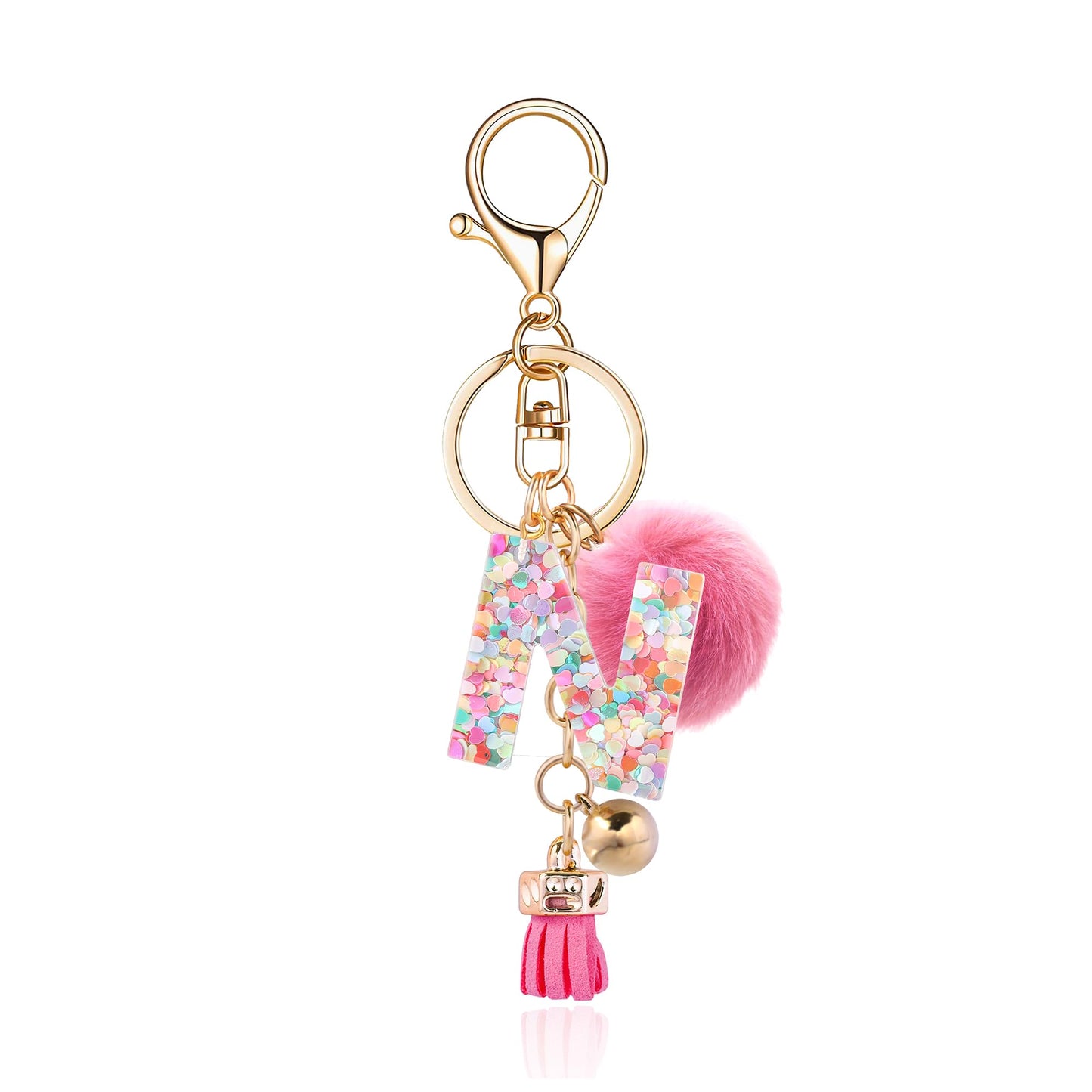 Resin Alphabet Initial Letter Keychain Keyring for Women Purse Handbags With Fur Ball Pom