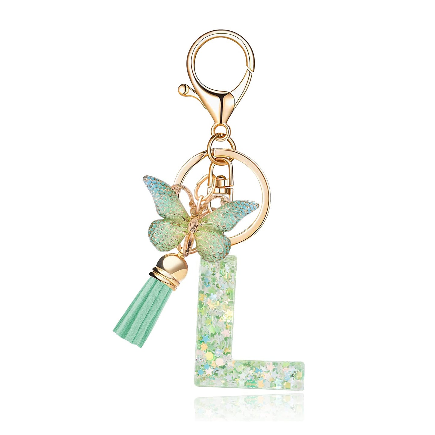 Fashion Alphabet Initial Letter Keychain Tassel Butterfly Pendant Key Ring for Purse Handbags Women Girl
