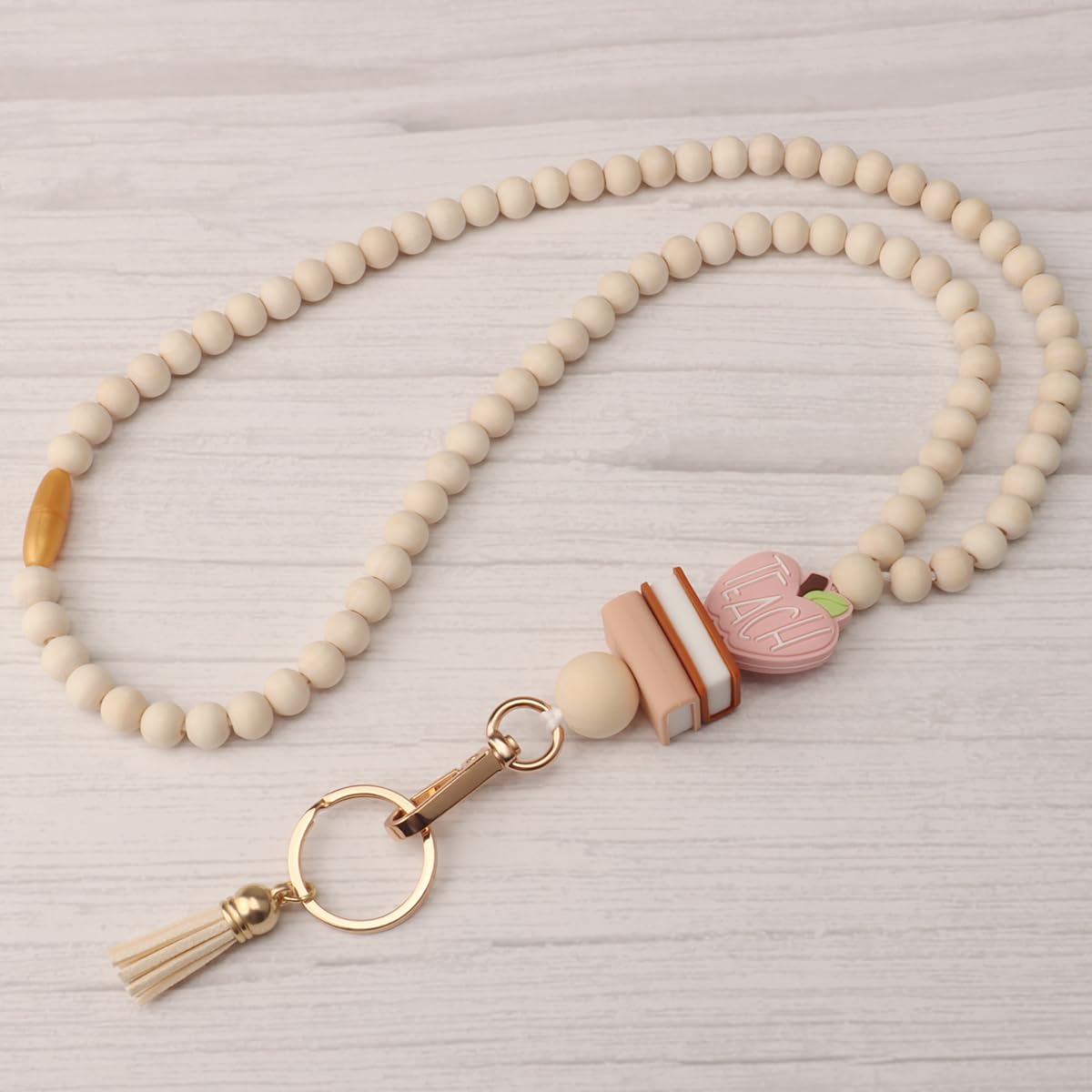 Teacher Lanyard with ID Holder, Fashion Wood Beaded Lanyard for Keys, Super Cute Boho Breakaway Lanyard for Women