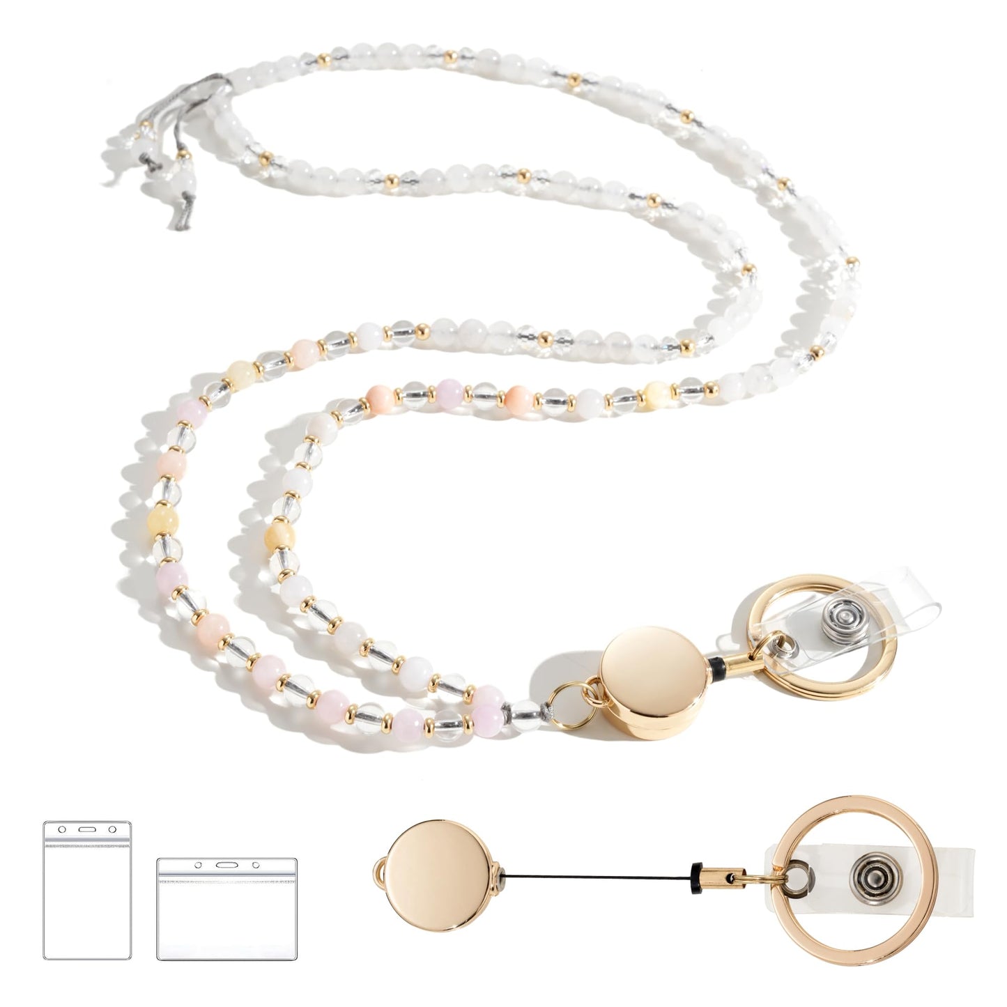 Retractable Lanyards for ID Badges and Keys, Beaded Lanyards for Women Natural Stone, Teacher Lanyard High-Performance Cute Lanyard Morganite