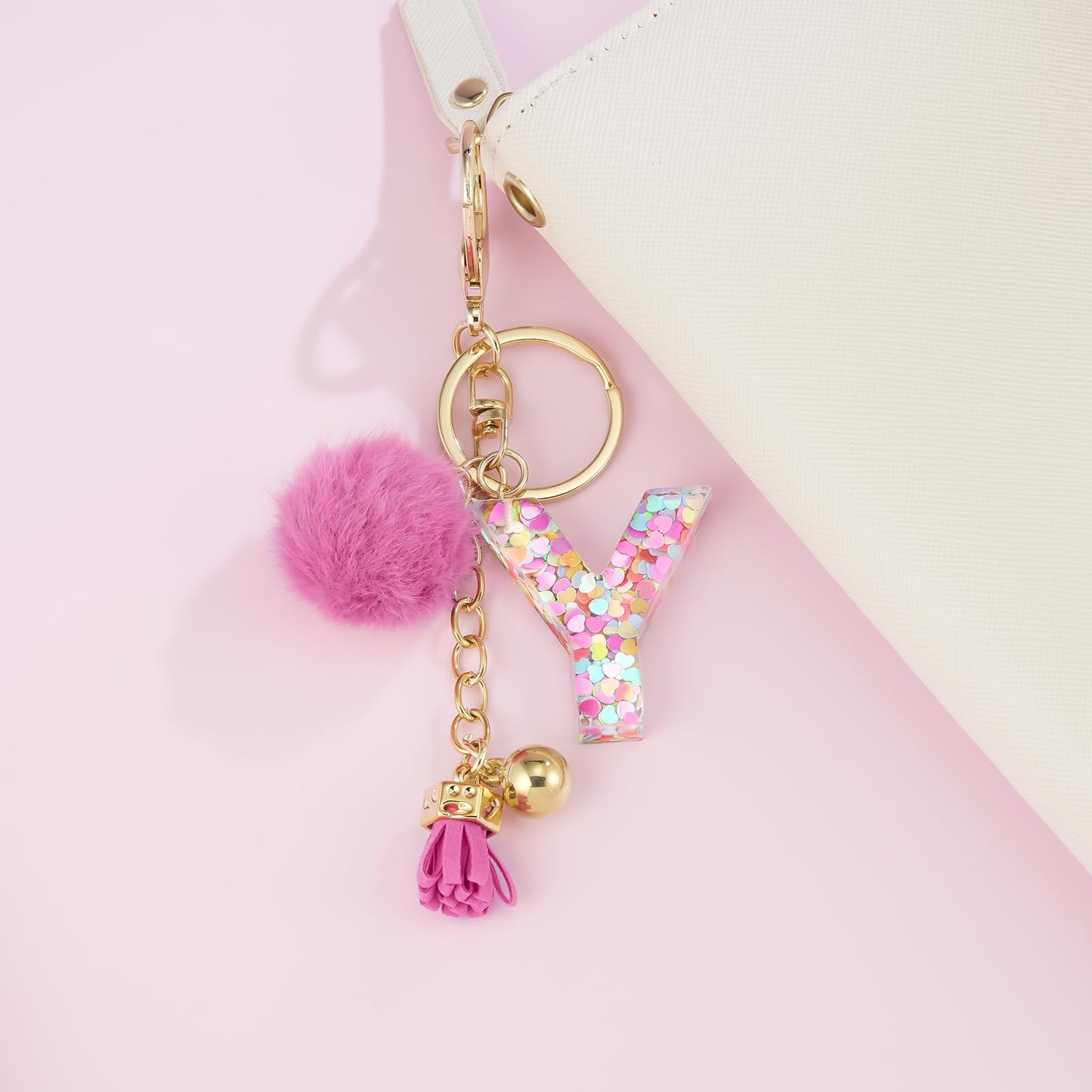 Resin Alphabet Initial Letter Keychain Keyring for Women Purse Handbags With Fur Ball Pom