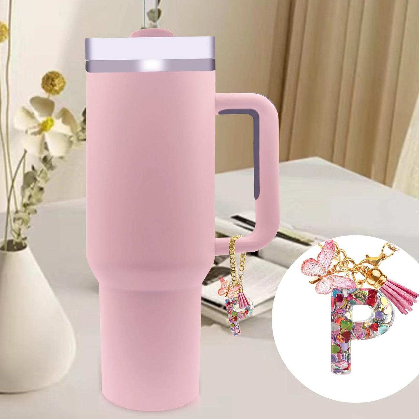 Letter Charm Accessories for Stanley Cup with Handle, Cute Initial Letter A Keychain Handle Charm with Butterfly for Stanley Tumbler for Women Girls