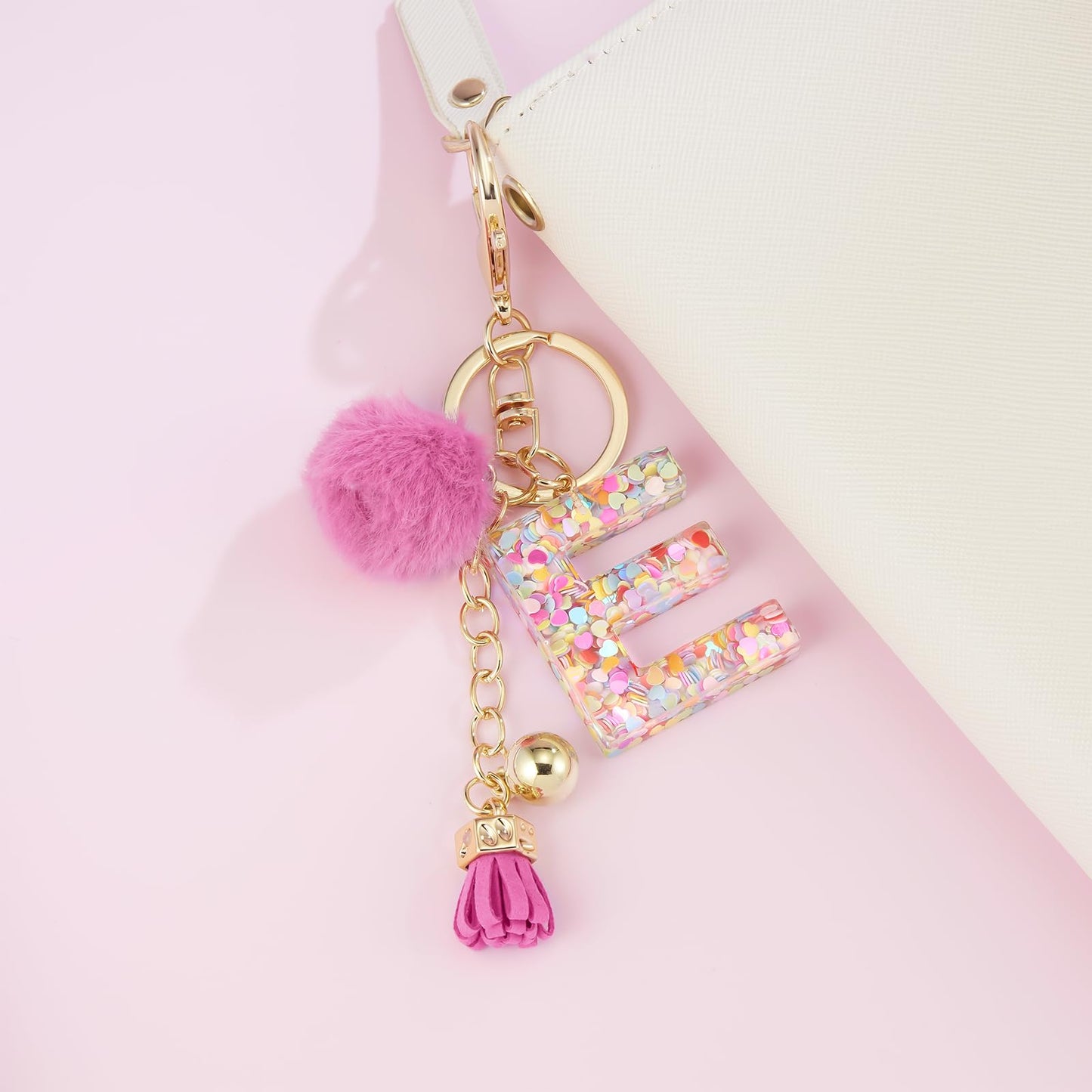 Resin Alphabet Initial Letter Keychain Keyring for Women Purse Handbags With Fur Ball Pom