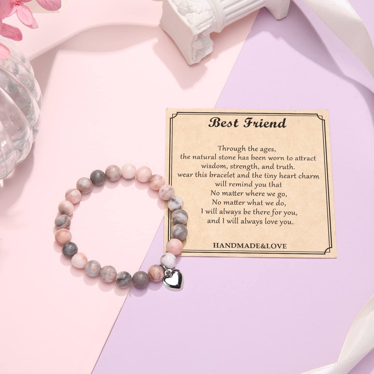 Jewelry&Card Christmas Gifts for Sister Best Friend, Natural Stone Heart Friendship Bracelets for Sister Best Friend Bestie Women