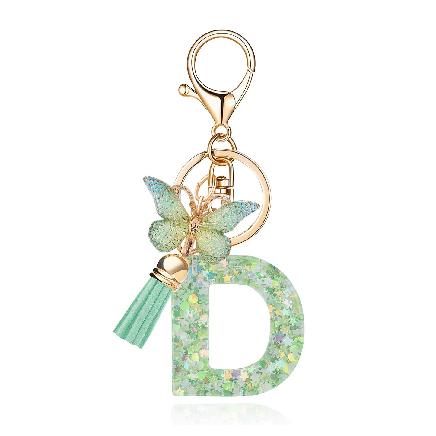 Fashion Alphabet Initial Letter Keychain Tassel Butterfly Pendant Key Ring for Purse Handbags Women Girl