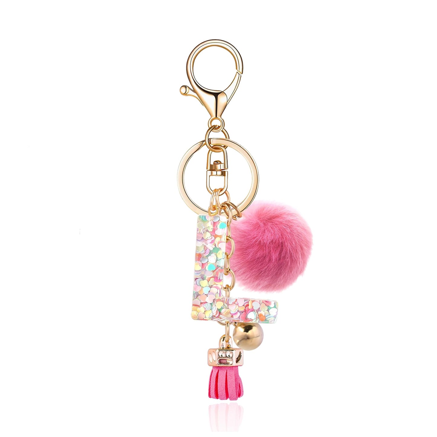 Resin Alphabet Initial Letter Keychain Keyring for Women Purse Handbags With Fur Ball Pom