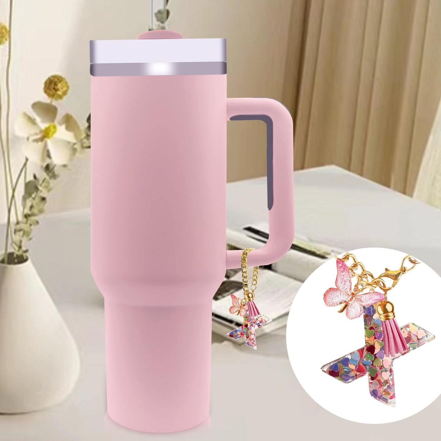 Letter Charm Accessories for Stanley Cup with Handle, Cute Initial Letter A Keychain Handle Charm with Butterfly for Stanley Tumbler for Women Girls