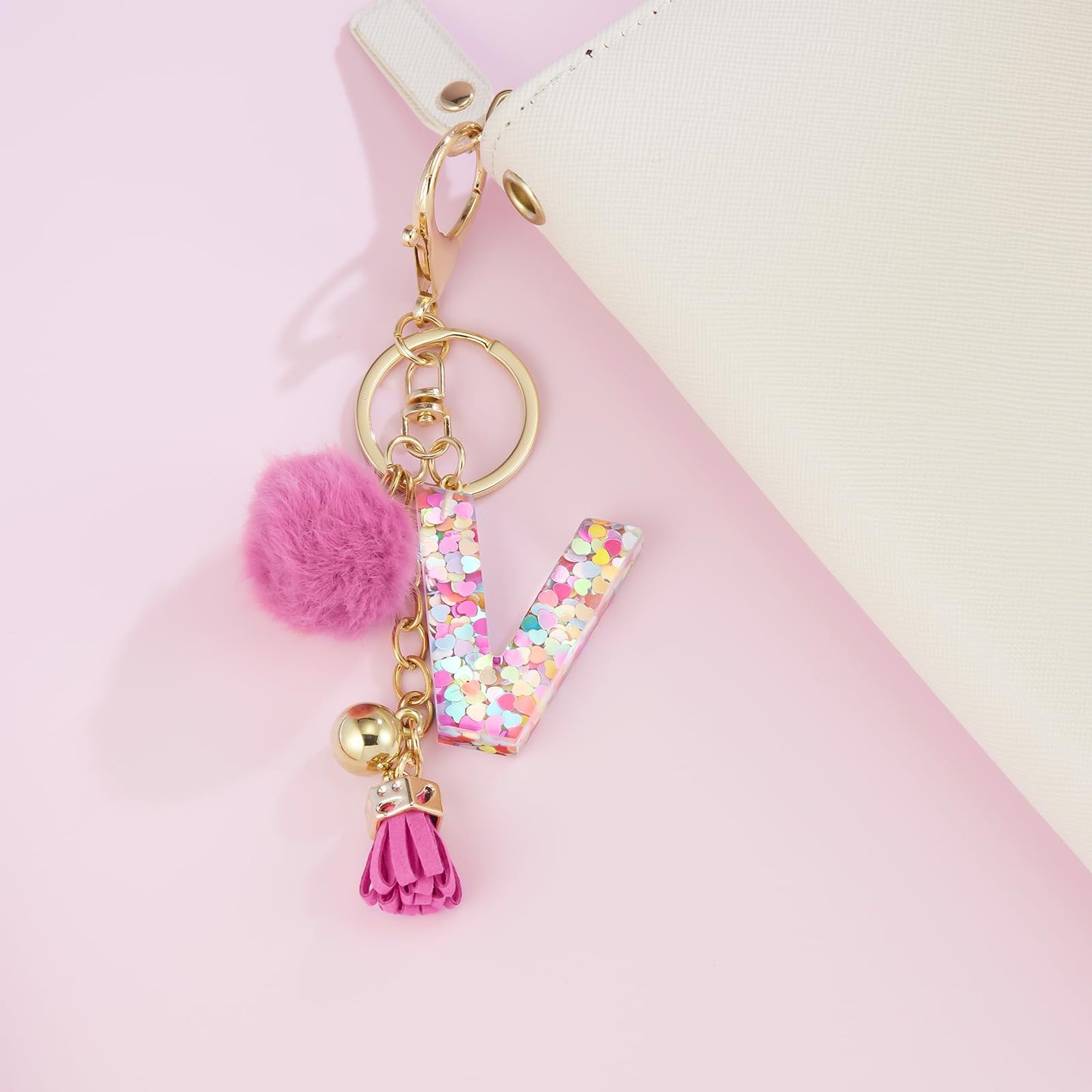 Resin Alphabet Initial Letter Keychain Keyring for Women Purse Handbags With Fur Ball Pom