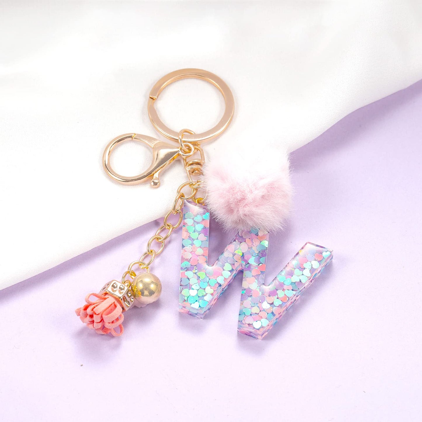 Resin Alphabet Initial Letter Keychain Keyring for Women Purse Handbags With Fur Ball Pom