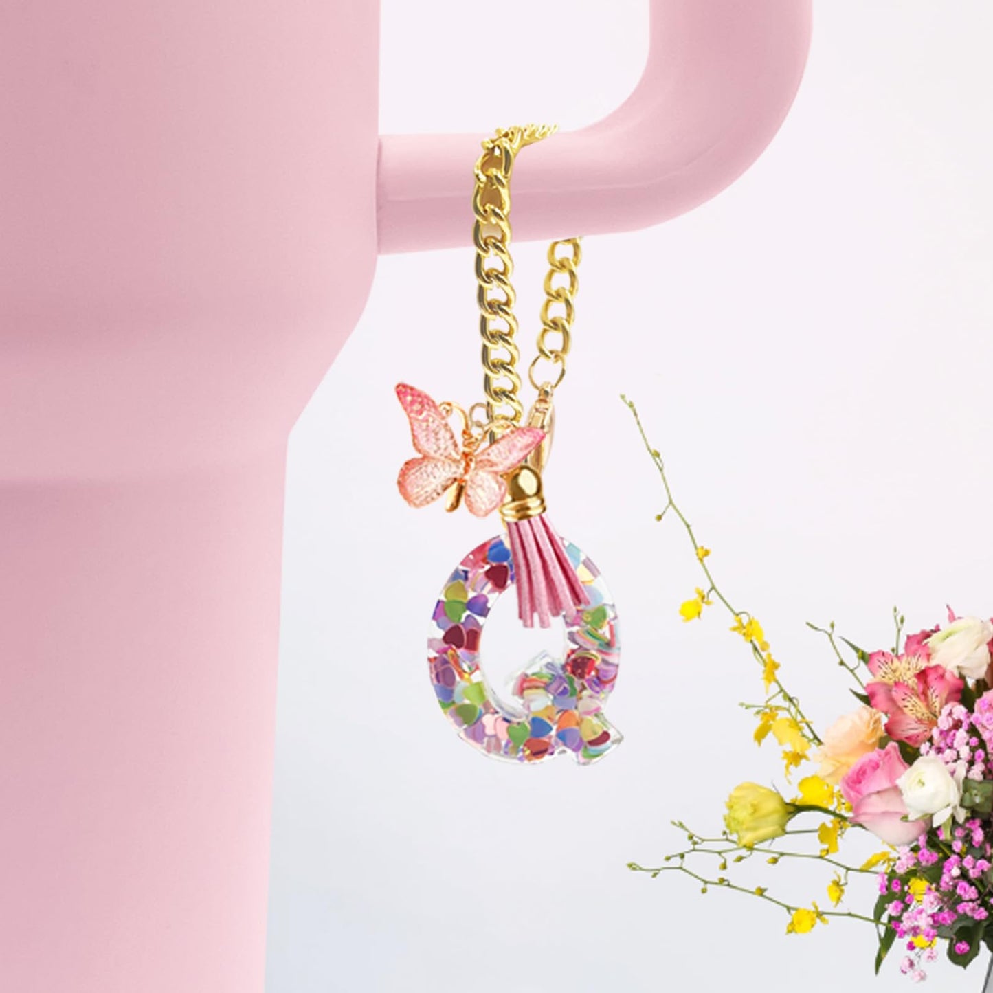 Letter Charm Accessories for Stanley Cup with Handle, Cute Initial Letter A Keychain Handle Charm with Butterfly for Stanley Tumbler for Women Girls