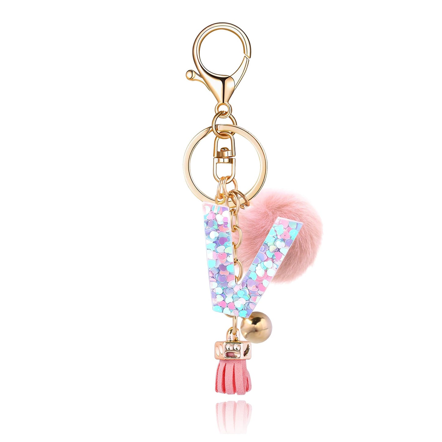 Resin Alphabet Initial Letter Keychain Keyring for Women Purse Handbags With Fur Ball Pom