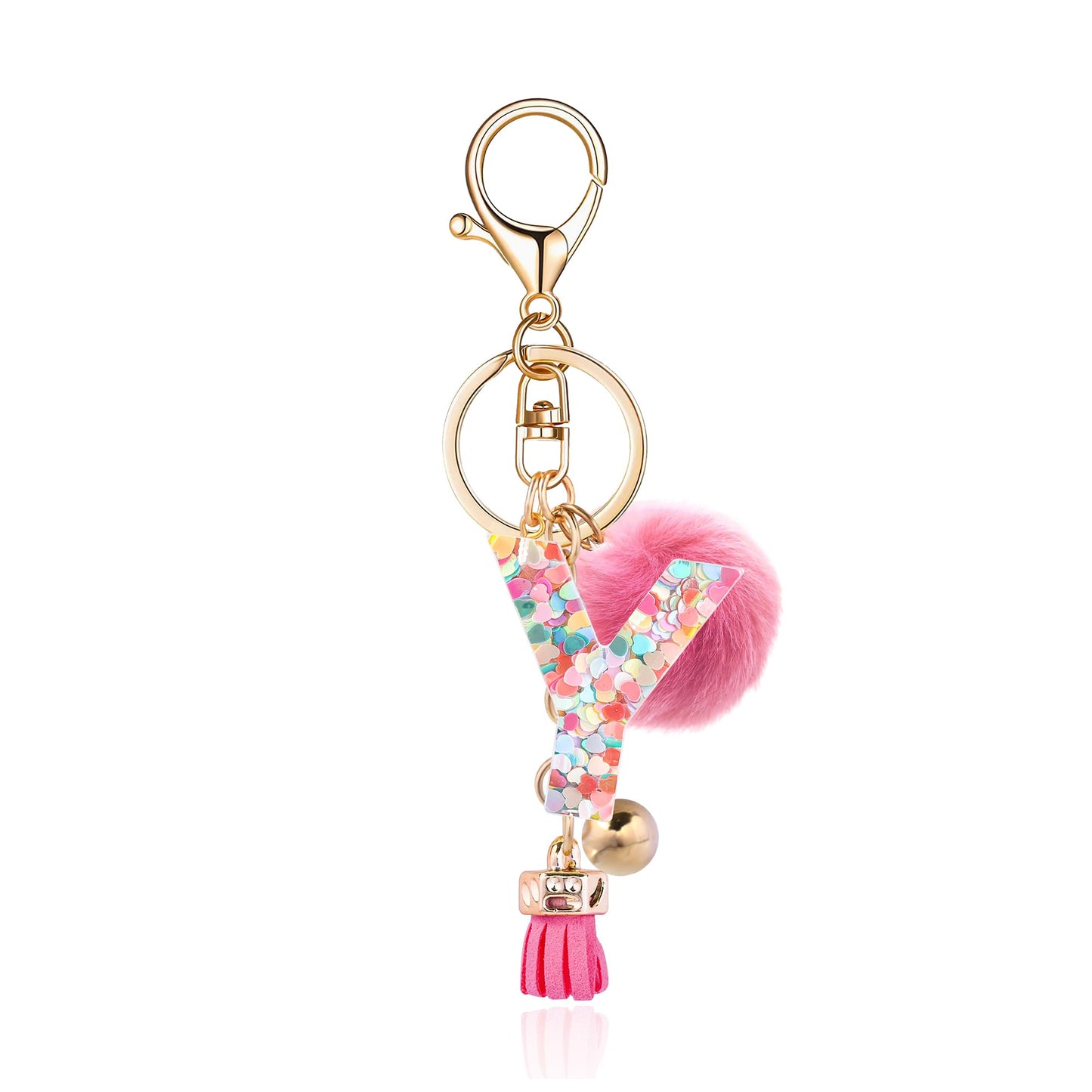 Resin Alphabet Initial Letter Keychain Keyring for Women Purse Handbags With Fur Ball Pom