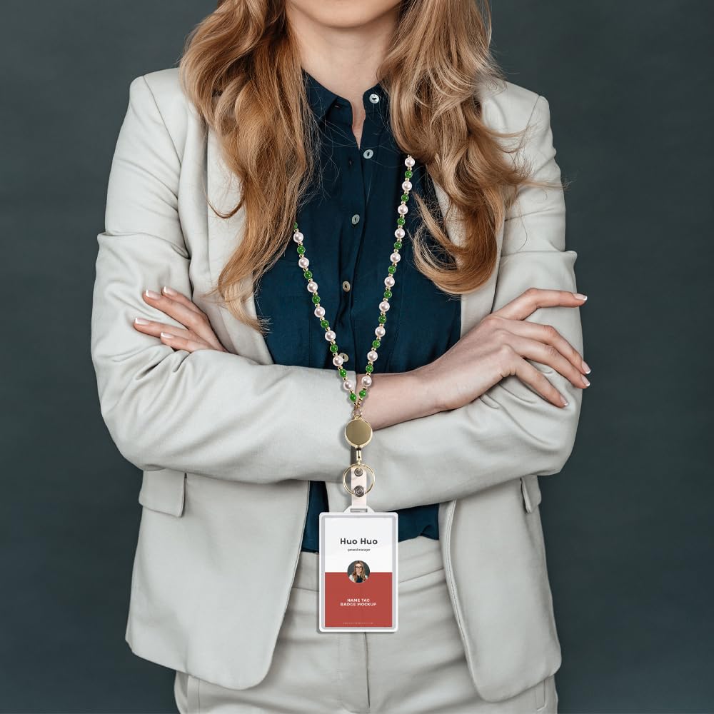 Retractable Pearl ID Badges and Key Lanyards, Natural Crystal Handmade Beaded Teacher Women's Lanyards