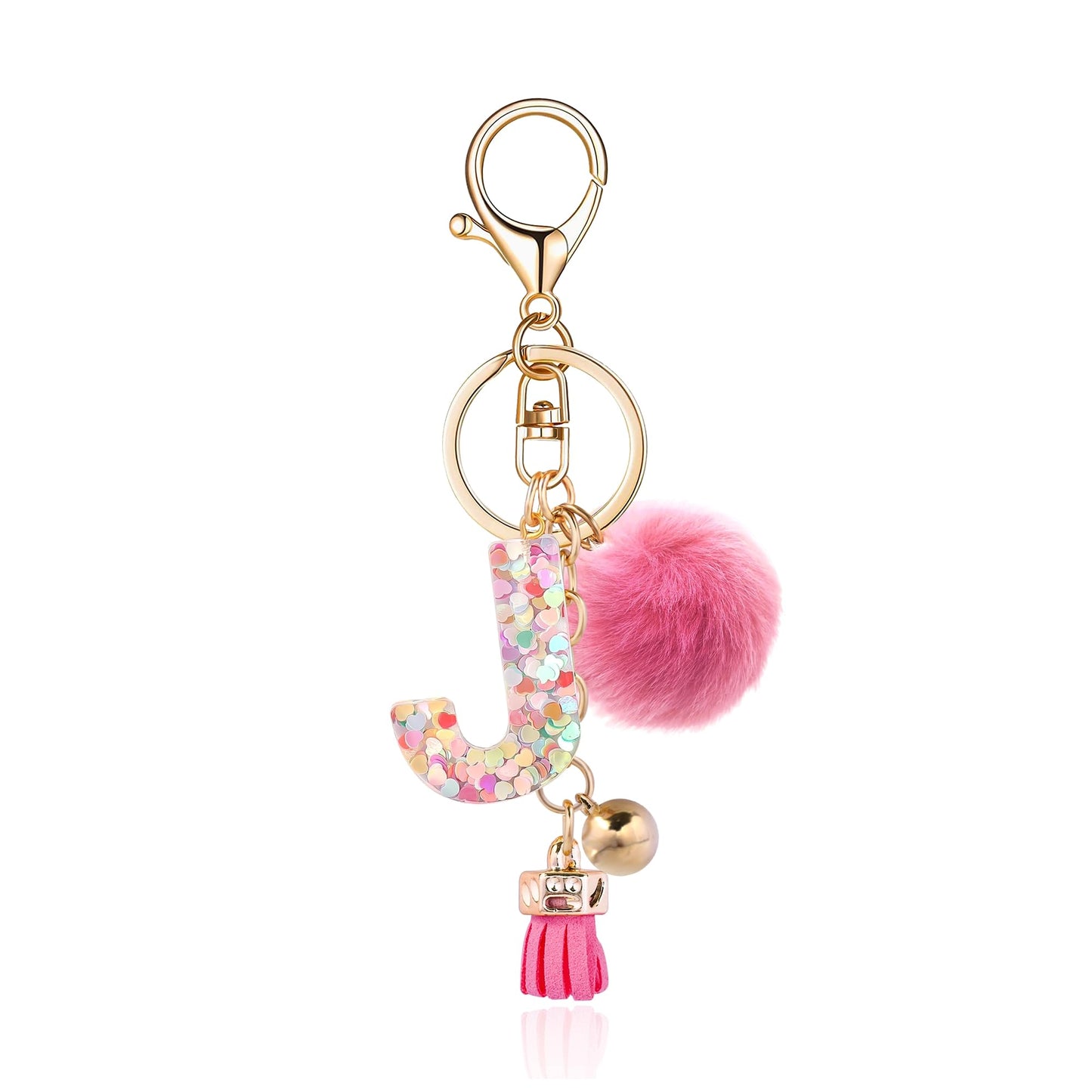 Resin Alphabet Initial Letter Keychain Keyring for Women Purse Handbags With Fur Ball Pom