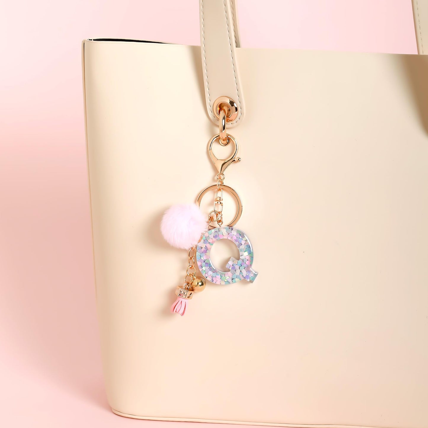 Resin Alphabet Initial Letter Keychain Keyring for Women Purse Handbags With Fur Ball Pom