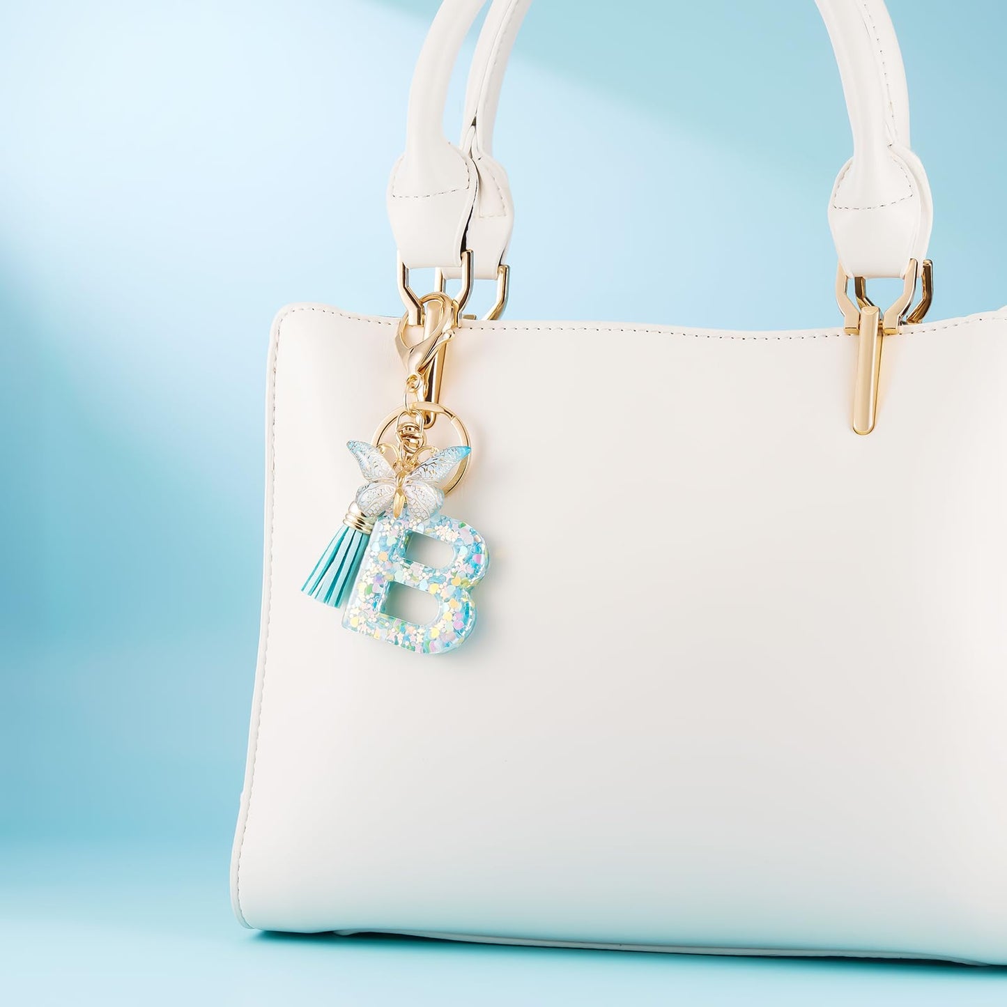 Fashion Alphabet Initial Letter Keychain Tassel Butterfly Pendant Key Ring for Purse Handbags Women Girl