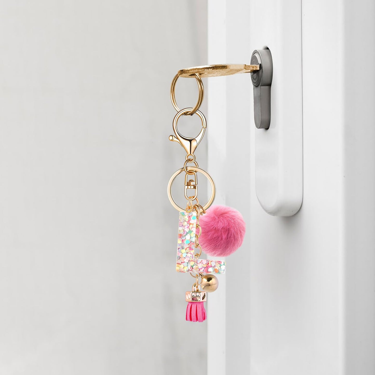 Resin Alphabet Initial Letter Keychain Keyring for Women Purse Handbags With Fur Ball Pom