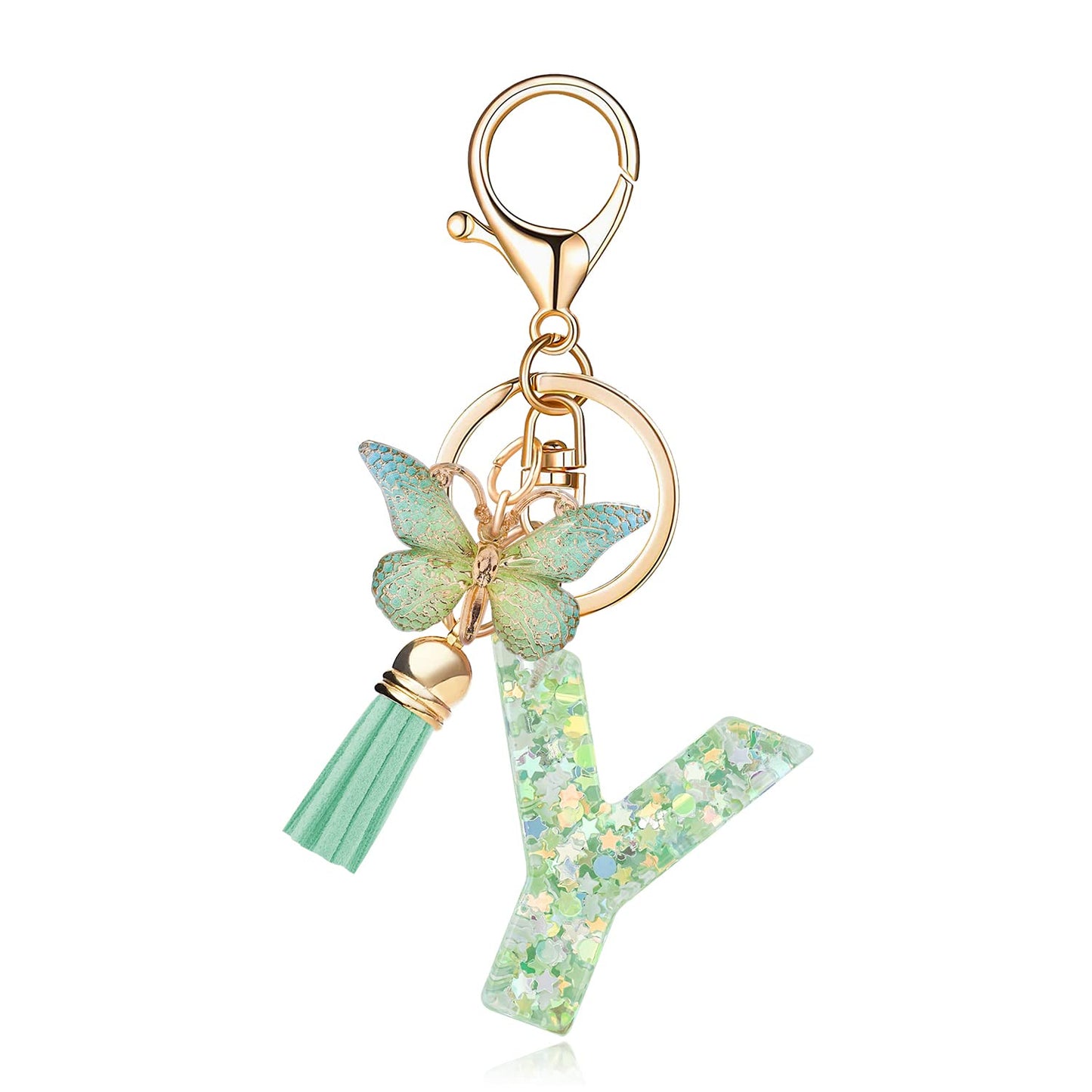 Fashion Alphabet Initial Letter Keychain Tassel Butterfly Pendant Key Ring for Purse Handbags Women Girl