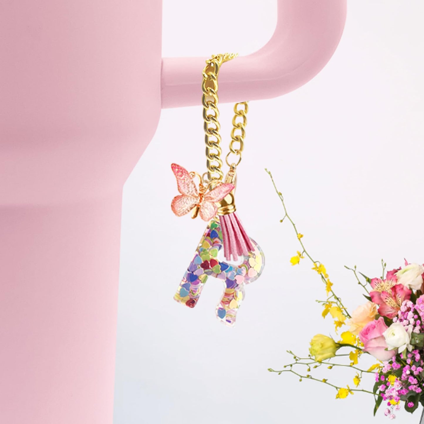 Letter Charm Accessories for Stanley Cup with Handle, Cute Initial Letter A Keychain Handle Charm with Butterfly for Stanley Tumbler for Women Girls