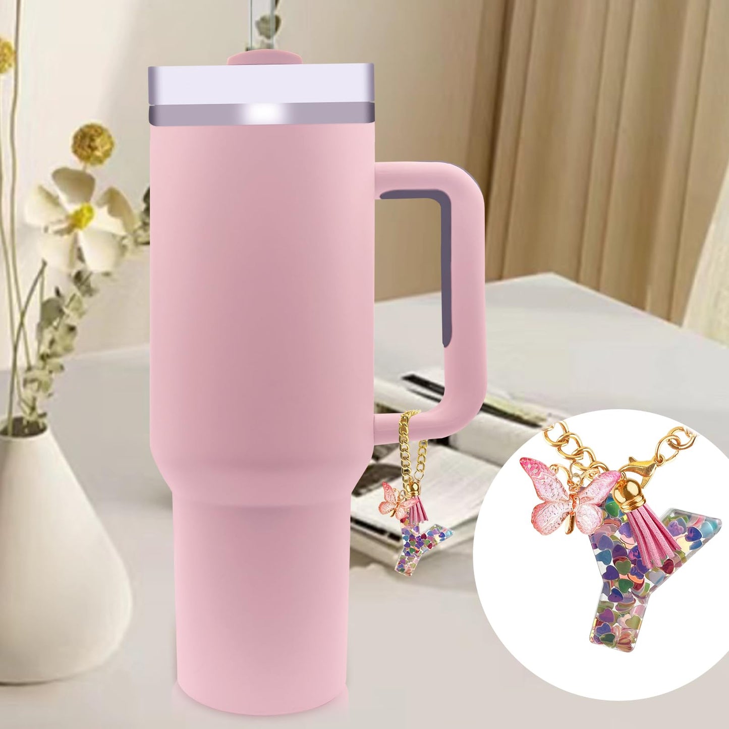 Letter Charm Accessories for Stanley Cup with Handle, Cute Initial Letter A Keychain Handle Charm with Butterfly for Stanley Tumbler for Women Girls