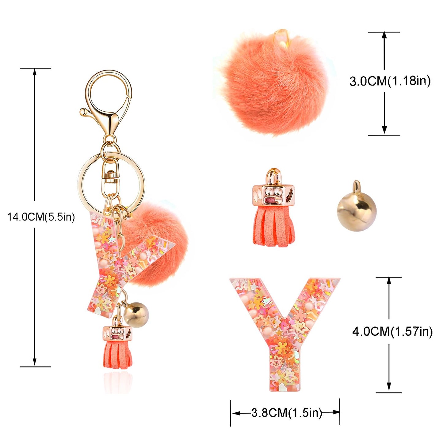 Resin Alphabet Initial Letter Keychain Keyring for Women Purse Handbags With Fur Ball Pom