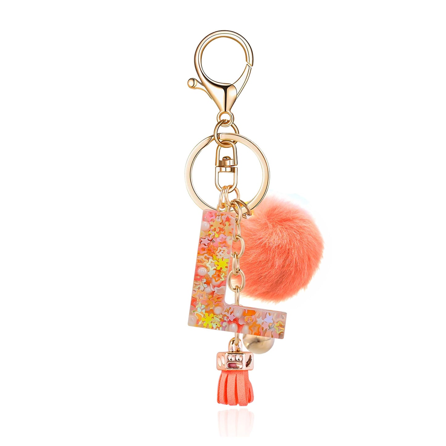 Resin Alphabet Initial Letter Keychain Keyring for Women Purse Handbags With Fur Ball Pom