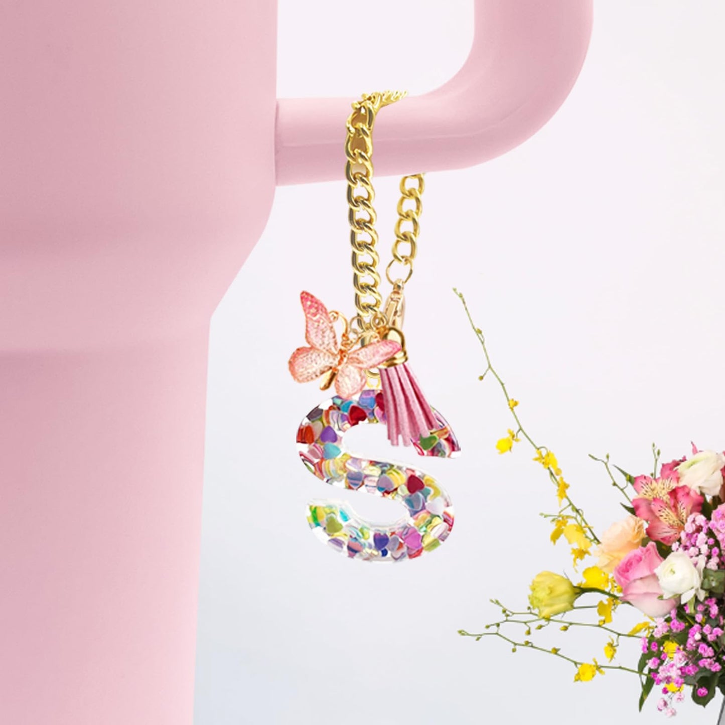 Letter Charm Accessories for Stanley Cup with Handle, Cute Initial Letter A Keychain Handle Charm with Butterfly for Stanley Tumbler for Women Girls