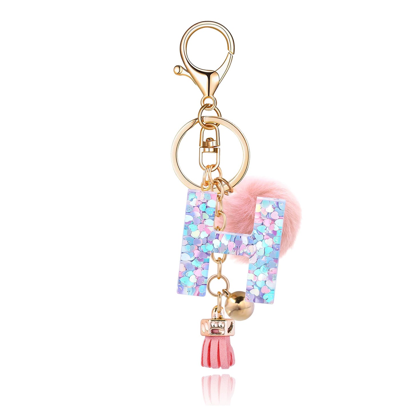 Resin Alphabet Initial Letter Keychain Keyring for Women Purse Handbags With Fur Ball Pom