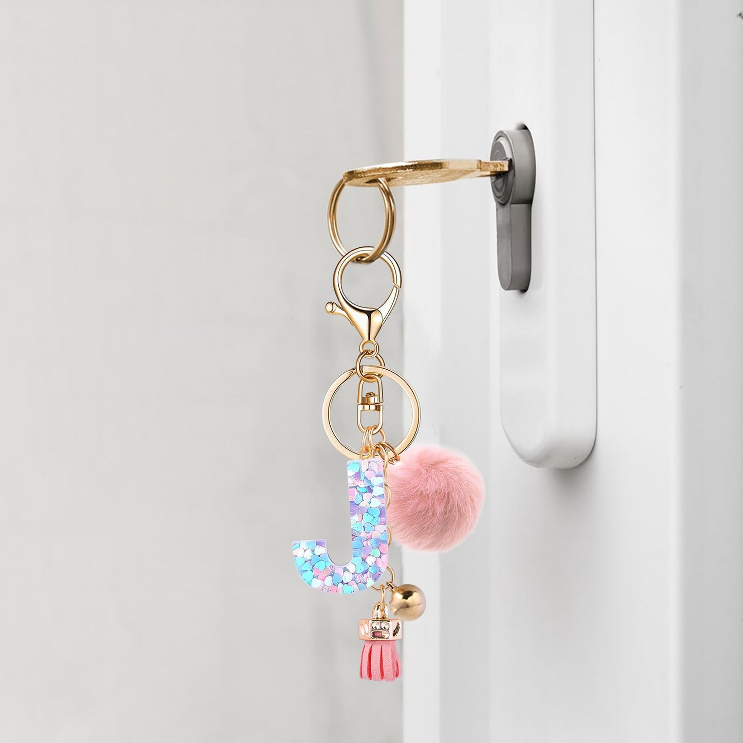 Resin Alphabet Initial Letter Keychain Keyring for Women Purse Handbags With Fur Ball Pom