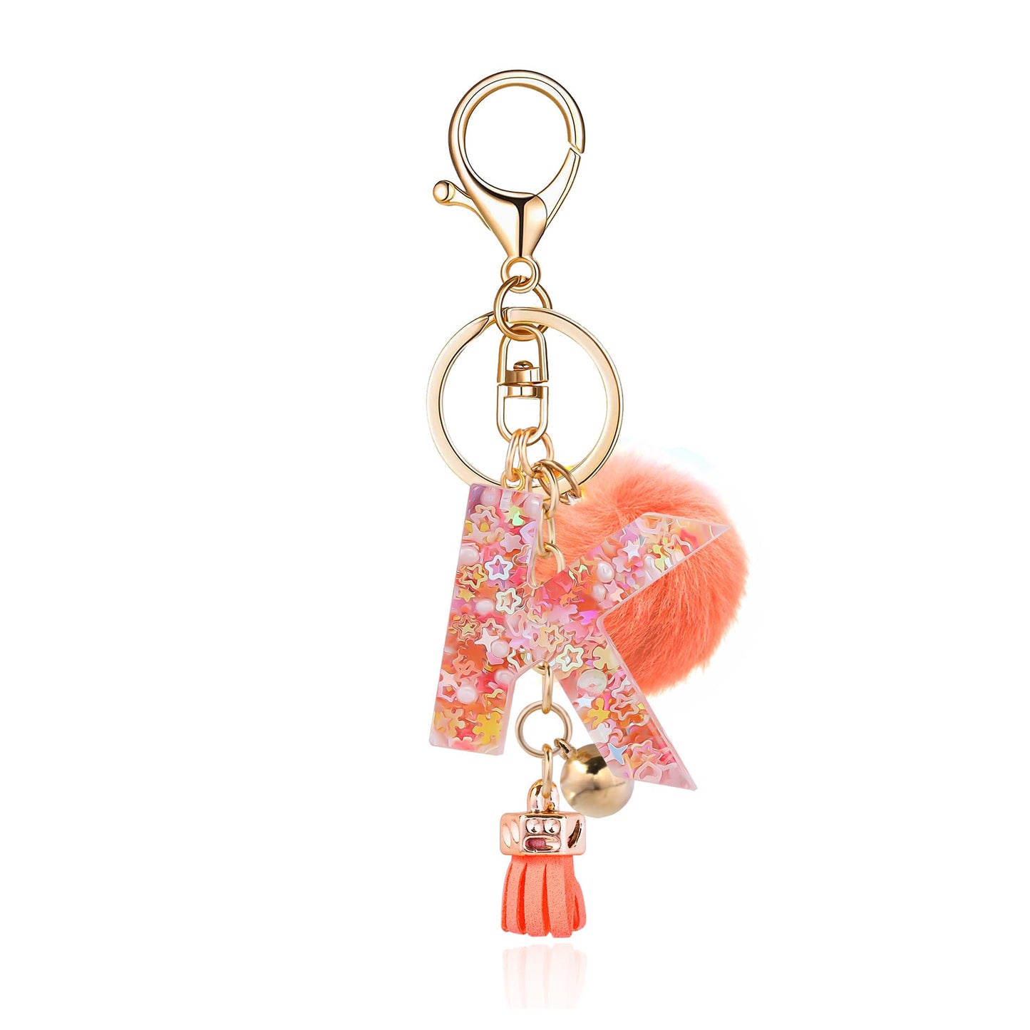 Resin Alphabet Initial Letter Keychain Keyring for Women Purse Handbags With Fur Ball Pom