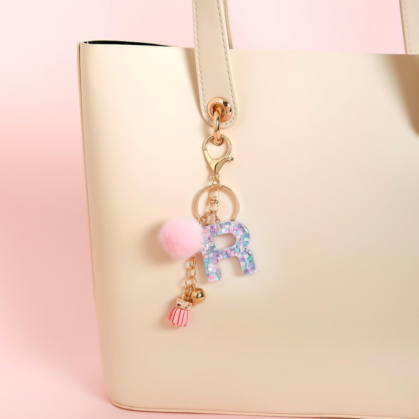 Resin Alphabet Initial Letter Keychain Keyring for Women Purse Handbags With Fur Ball Pom