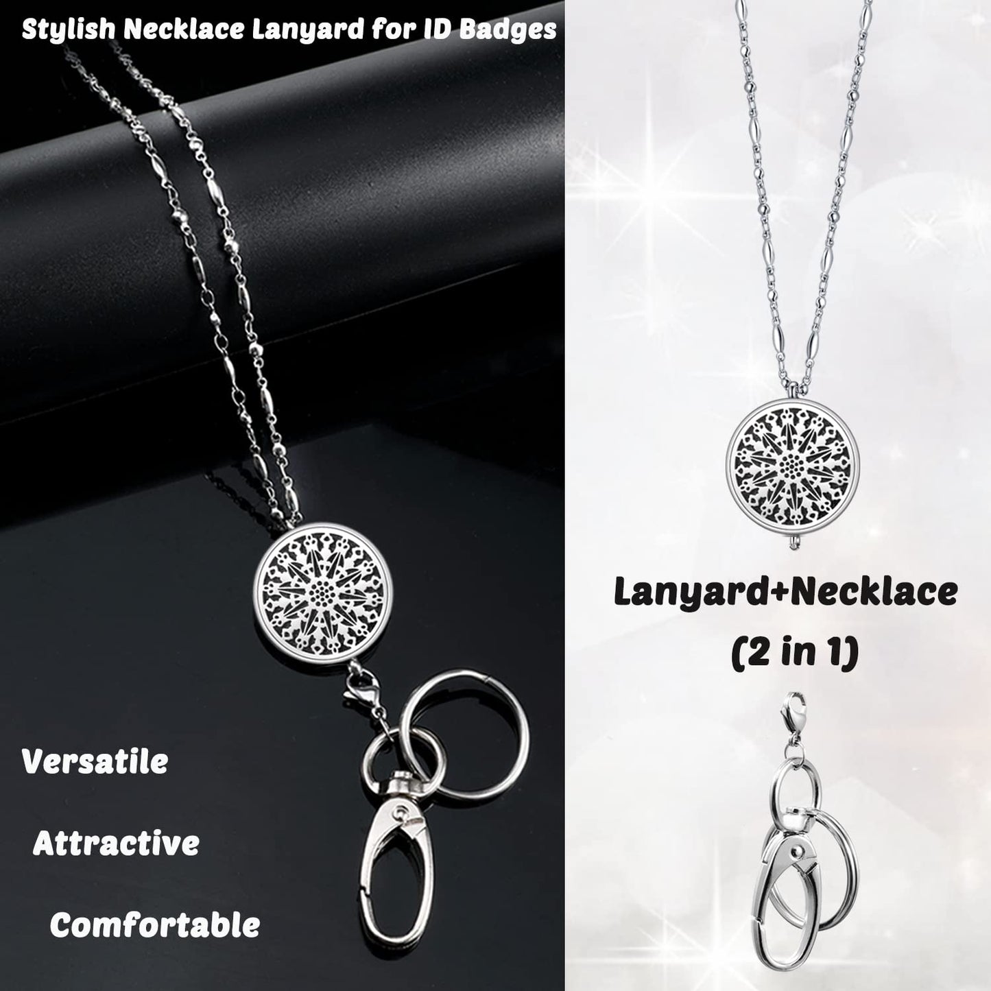 Lanyards for ID Badges Keys Women Cute Teacher Lanyard ID Holder Necklace Silver Chain Fashion Strong Keychain Diffuser Office School Work Jewelry Nurse Teacher Appreciation Gifts Mandala