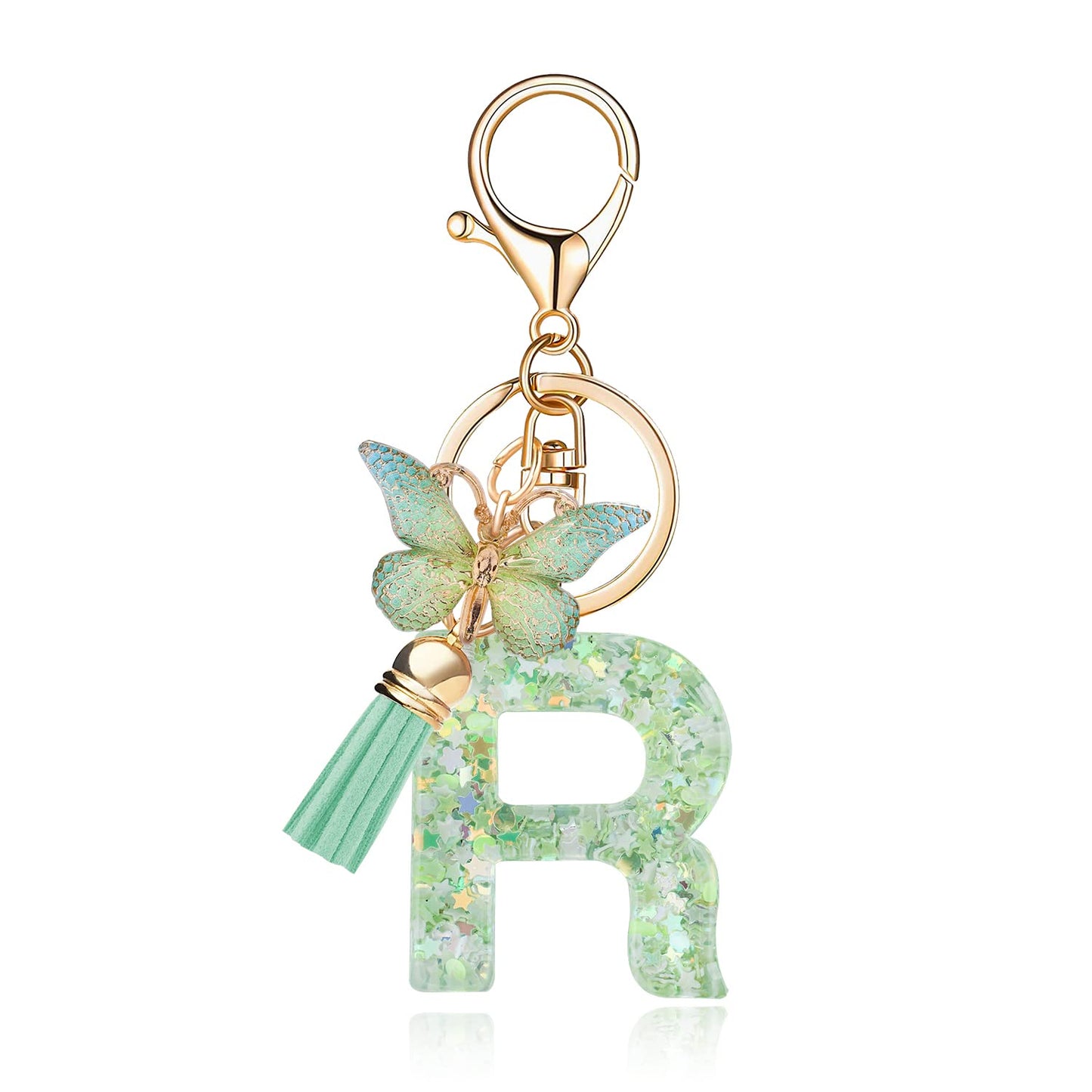 Fashion Alphabet Initial Letter Keychain Tassel Butterfly Pendant Key Ring for Purse Handbags Women Girl