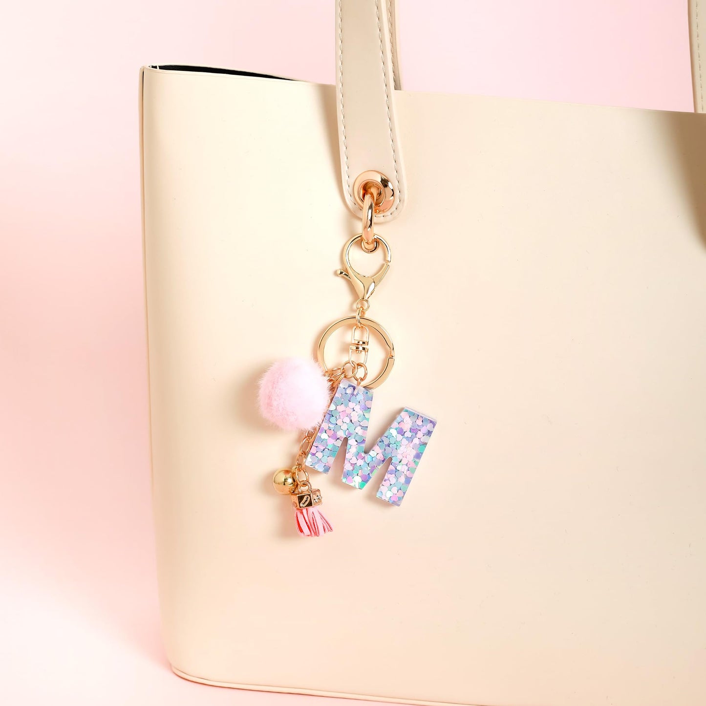 Resin Alphabet Initial Letter Keychain Keyring for Women Purse Handbags With Fur Ball Pom