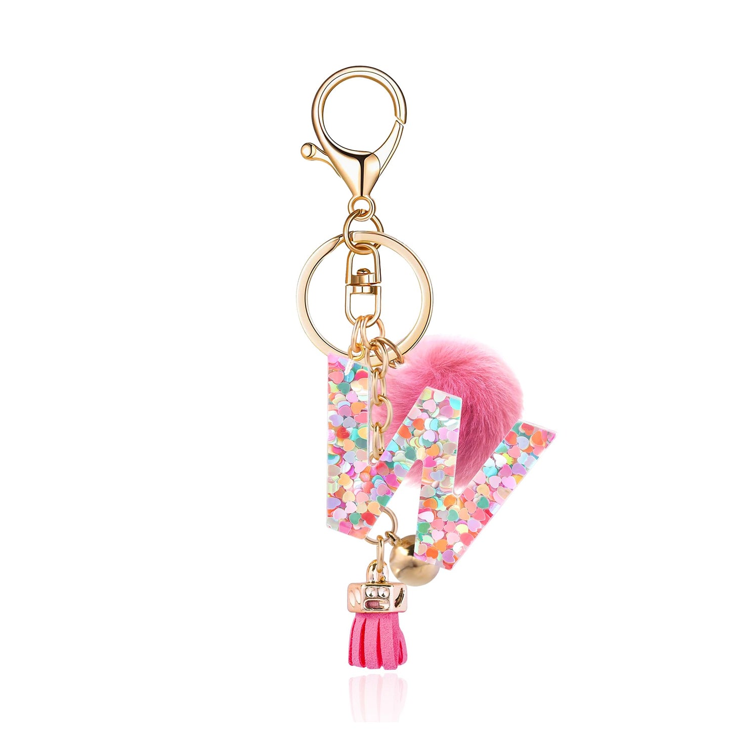 Resin Alphabet Initial Letter Keychain Keyring for Women Purse Handbags With Fur Ball Pom