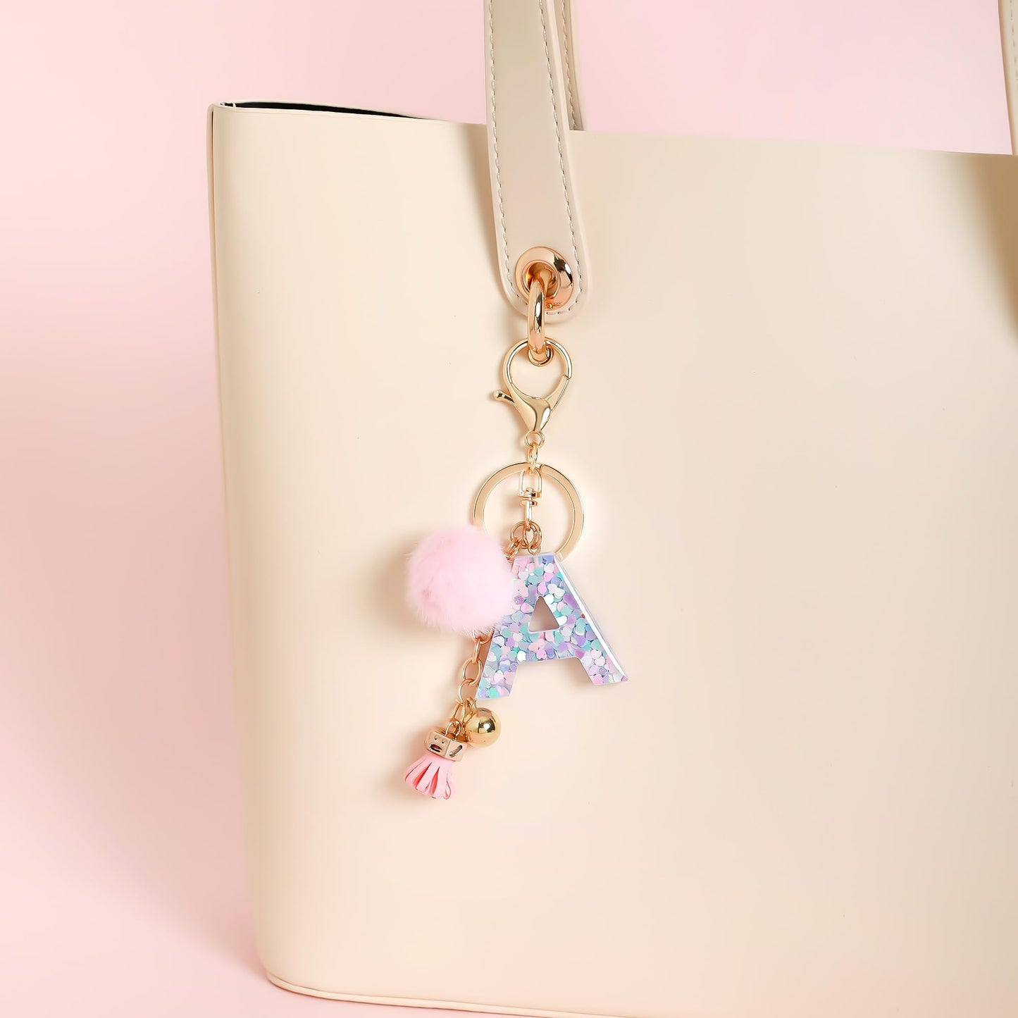Resin Alphabet Initial Letter Keychain Keyring for Women Purse Handbags With Fur Ball Pom