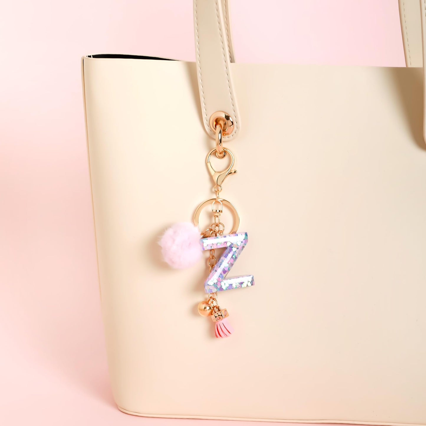 Resin Alphabet Initial Letter Keychain Keyring for Women Purse Handbags With Fur Ball Pom
