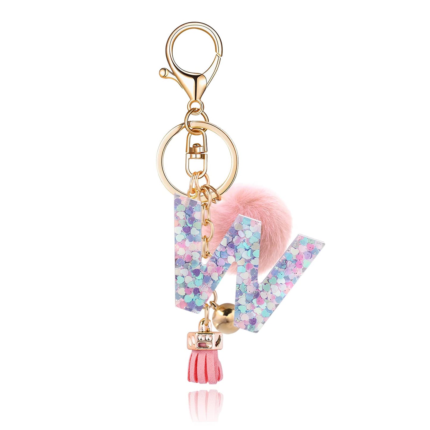 Resin Alphabet Initial Letter Keychain Keyring for Women Purse Handbags With Fur Ball Pom