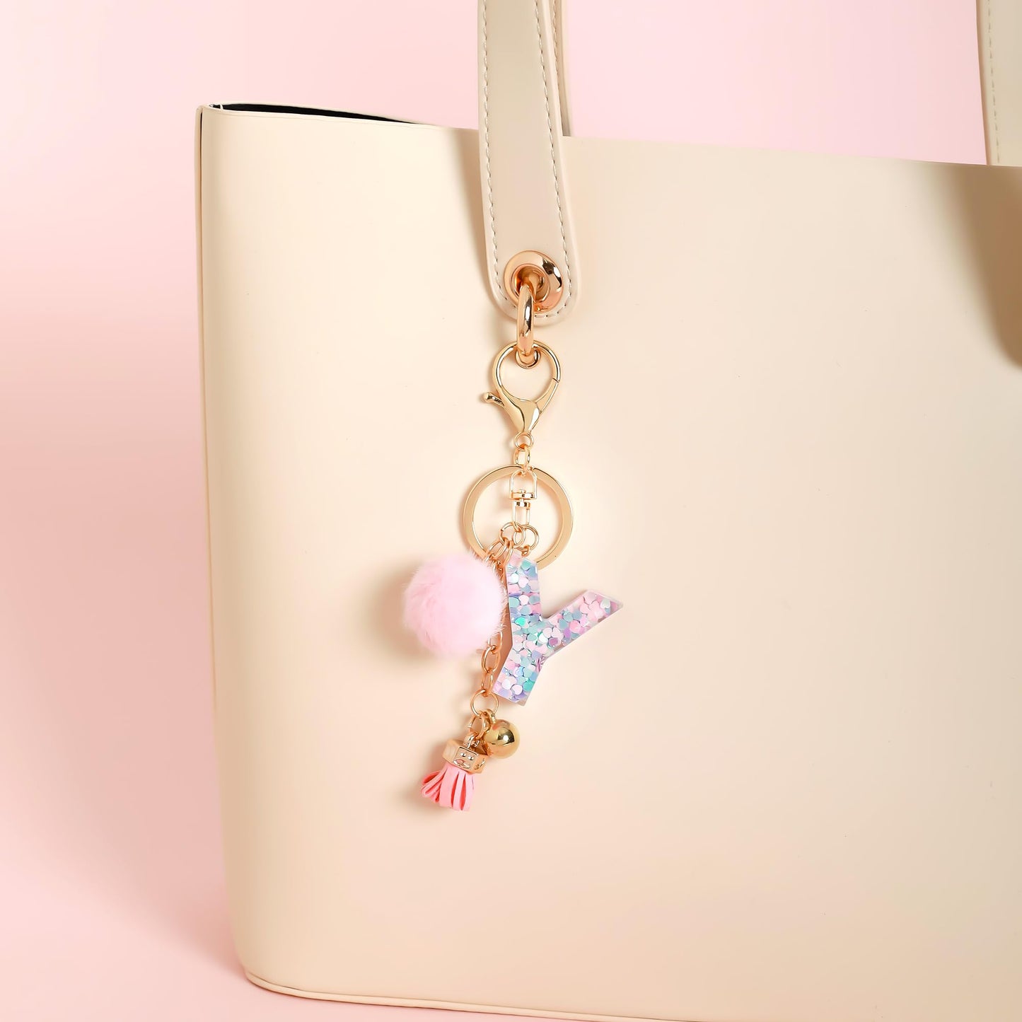 Resin Alphabet Initial Letter Keychain Keyring for Women Purse Handbags With Fur Ball Pom
