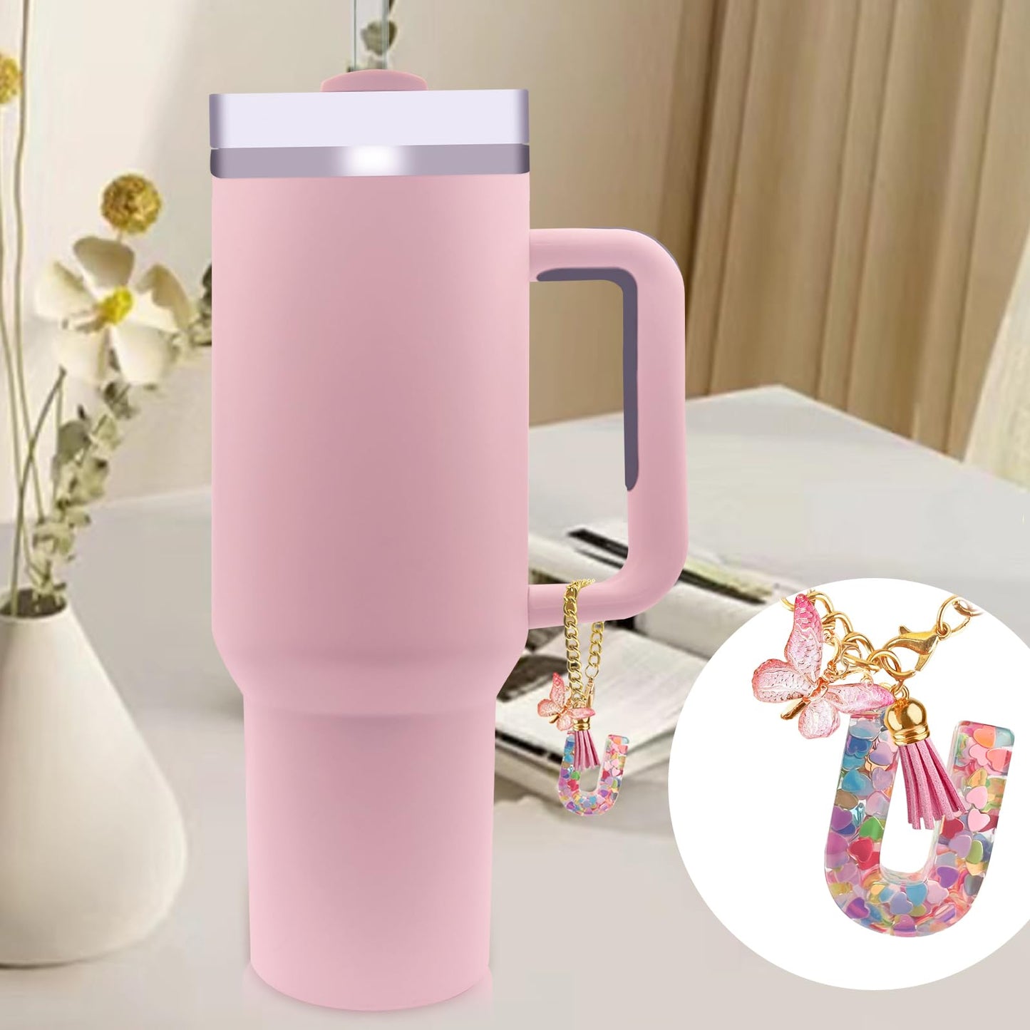 Letter Charm Accessories for Stanley Cup with Handle, Cute Initial Letter A Keychain Handle Charm with Butterfly for Stanley Tumbler for Women Girls