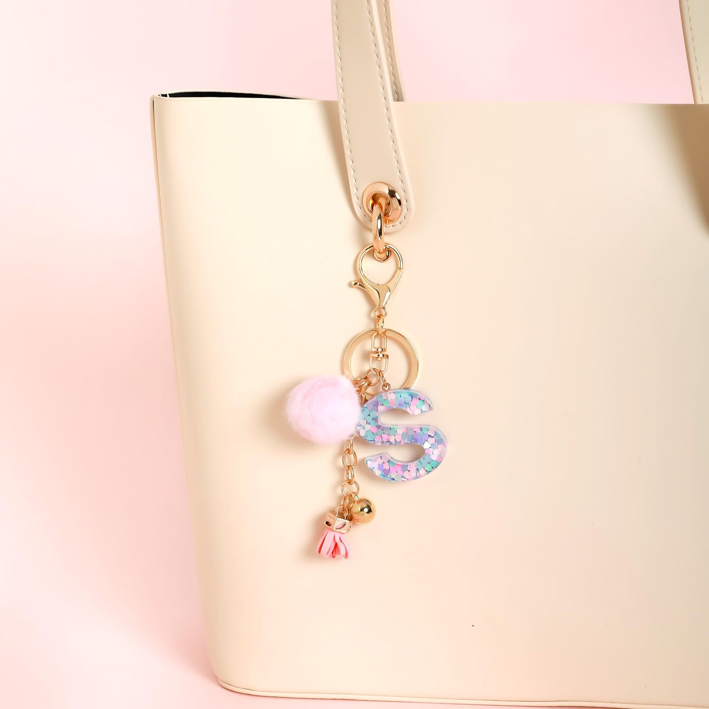 Resin Alphabet Initial Letter Keychain Keyring for Women Purse Handbags With Fur Ball Pom