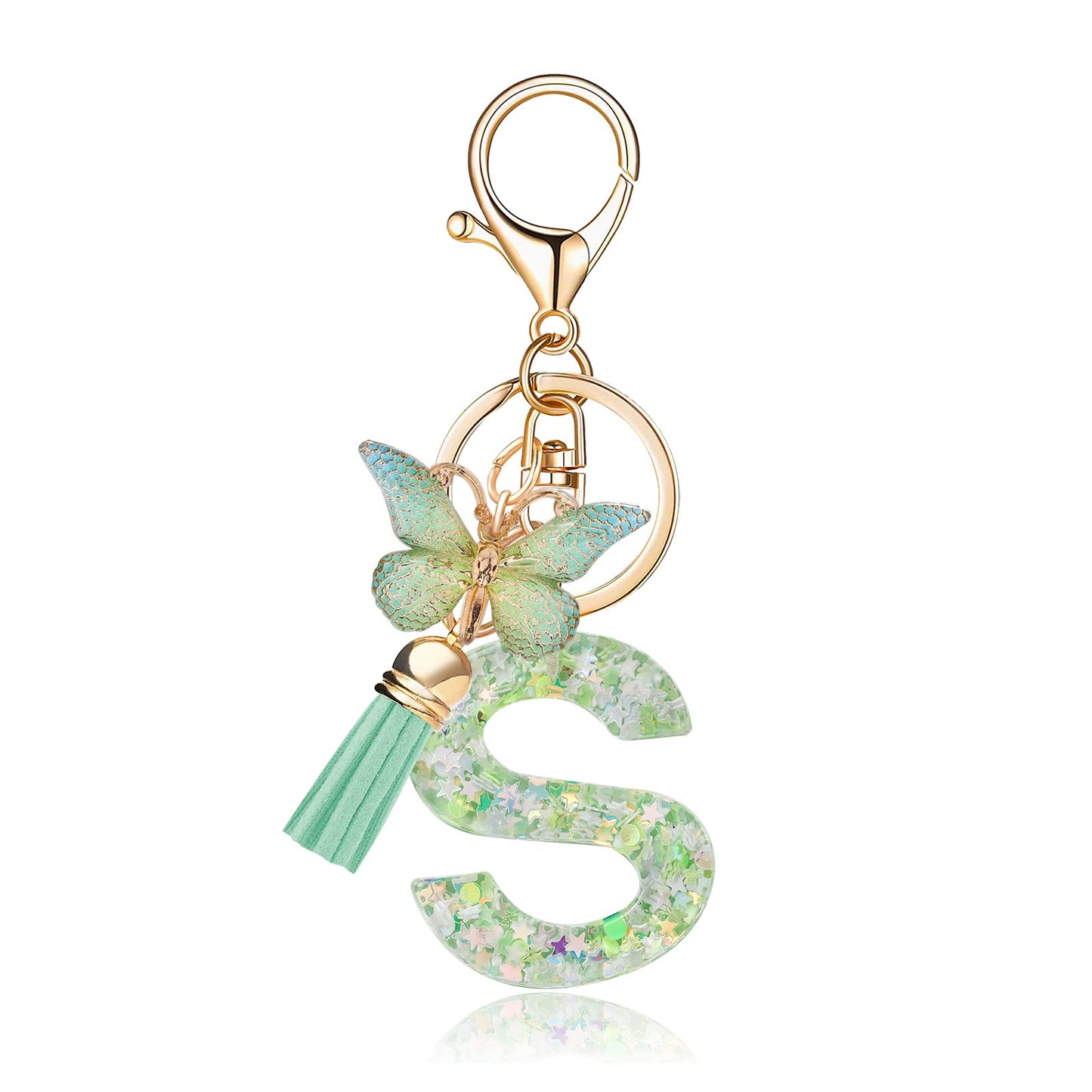 Fashion Alphabet Initial Letter Keychain Tassel Butterfly Pendant Key Ring for Purse Handbags Women Girl