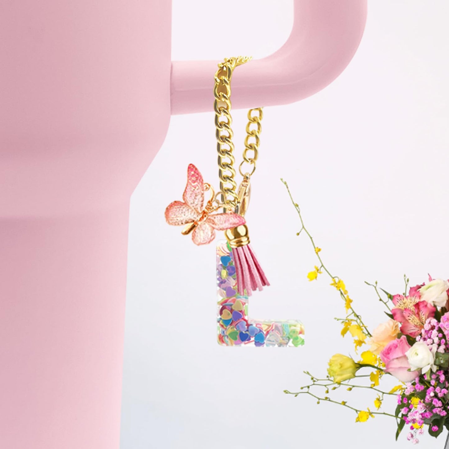 Letter Charm Accessories for Stanley Cup with Handle, Cute Initial Letter A Keychain Handle Charm with Butterfly for Stanley Tumbler for Women Girls