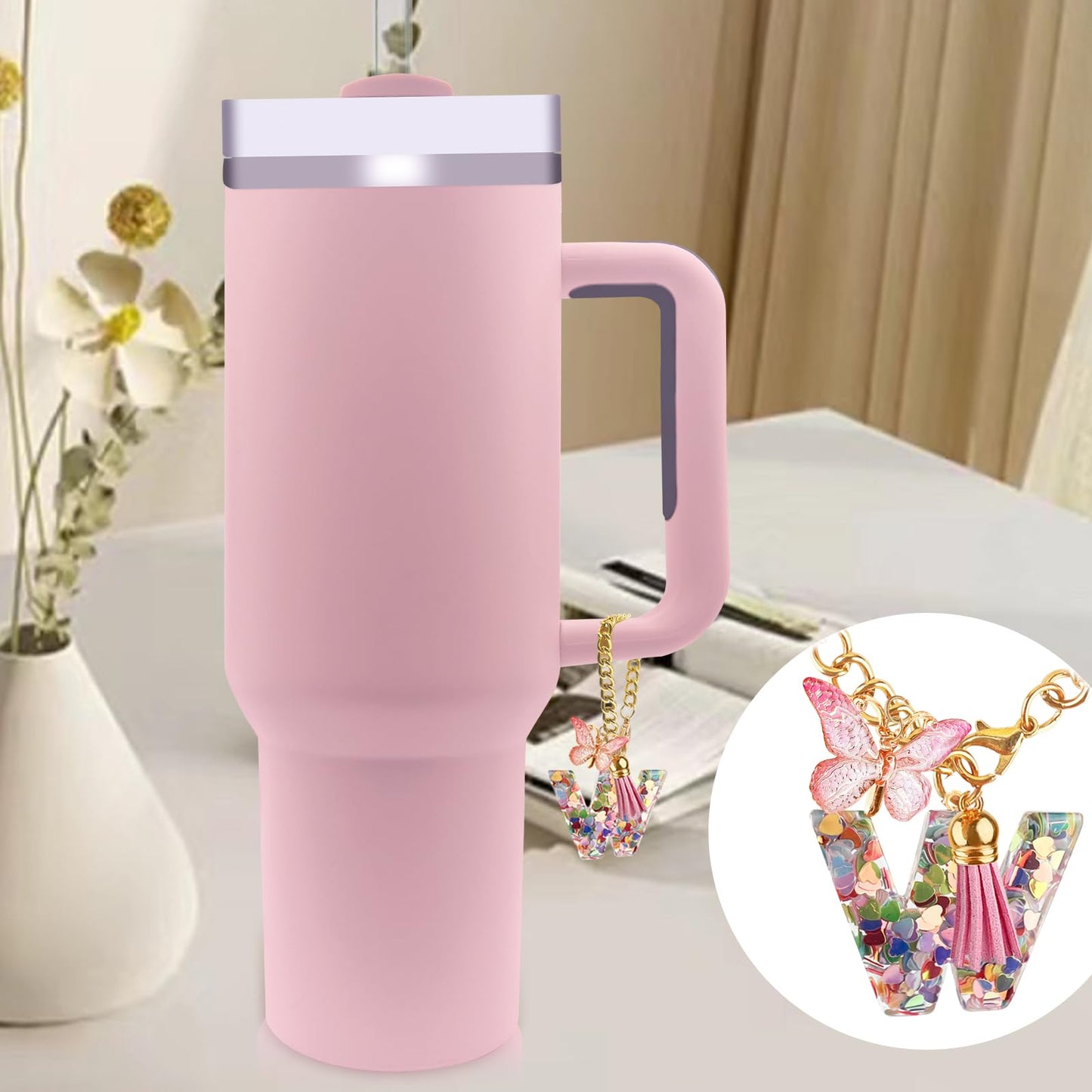 Letter Charm Accessories for Stanley Cup with Handle, Cute Initial Letter A Keychain Handle Charm with Butterfly for Stanley Tumbler for Women Girls